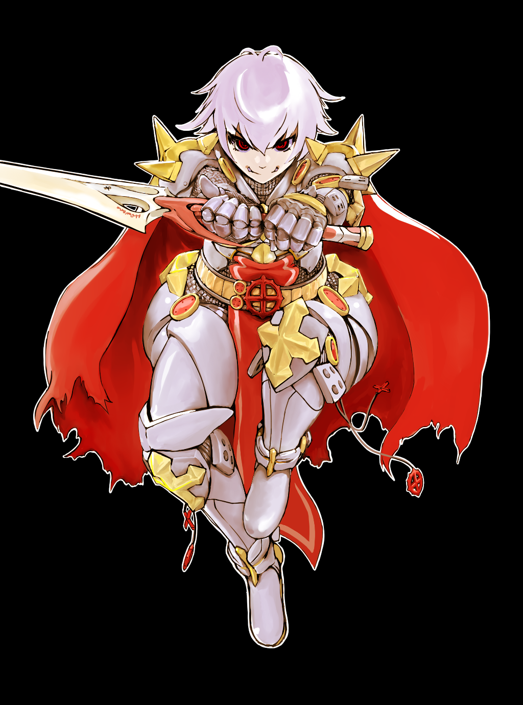 rune knight (ragnarok online), seyren windsor, ragnarok online, commentary request, highres, 1boy, armor, armored boots, belt, black background, boots, breastplate, brown belt, cape, chainmail, closed mouth, cross of prontera, full body, gauntlets, hair between eyes, holding, holding sword, holding weapon, jarun, leg armor, looking at viewer, male focus, red cape, red eyes, red tabard, short hair, simple background, smile, solo, spiked pauldrons, sword, tabard, torn cape, torn clothes, weapon, white hair
