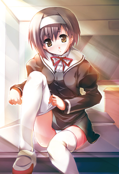 kashi, shindou kei (ef), ef (visual novel), 00s, blush, chalkboard, classroom, desk, hairband, indoors, panties, pantyshot, purple hair, school, school uniform, serafuku, short hair, sitting, thighhighs, underwear, white panties, yellow eyes, zettai ryouiki