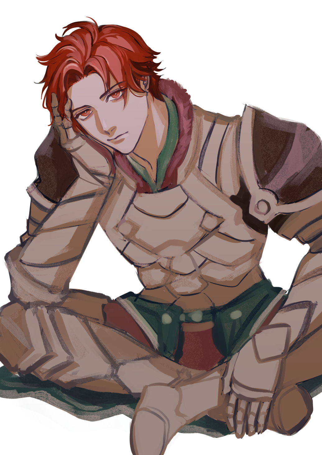 wh1tecookie, sylvain jose gautier, sylvain jose gautier (timeskip), fire emblem, fire emblem: three houses, nintendo, commentary, english commentary, highres, 1boy, armor, breastplate, closed mouth, elbow on knee, full body, fur-trimmed collar, fur trim, gauntlets, greaves, hand on own face, head rest, indian style, looking at viewer, male focus, parted hair, pauldrons, red eyes, red fur, red hair, short hair, shoulder armor, simple background, sitting, solo, white background