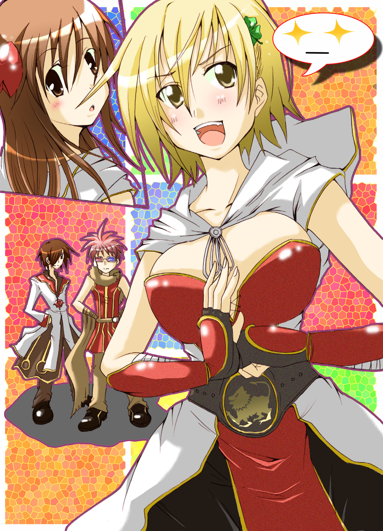 champion (ragnarok online), high priest (ragnarok online), professor (ragnarok online), ragnarok online, commentary request, highres, 2boys, 2girls, 3d glasses, :d, amane rin (nanafuki), animal, animal around neck, black gloves, black pants, black shoes, blonde hair, blush, breasts, brown cape, brown eyes, brown hair, brown pants, cape, clover hair ornament, coat, cowboy shot, detached sleeves, fingerless gloves, four-leaf clover hair ornament, fox, gloves, hair ornament, hood, hood down, hooded coat, large breasts, long hair, long sleeves, looking at viewer, multiple boys, multiple girls, open mouth, pants, pink hair, red shirt, shirt, shoes, short hair, sleeveless, sleeveless coat, sleeveless shirt, smile, spiked hair, white coat, yellow eyes