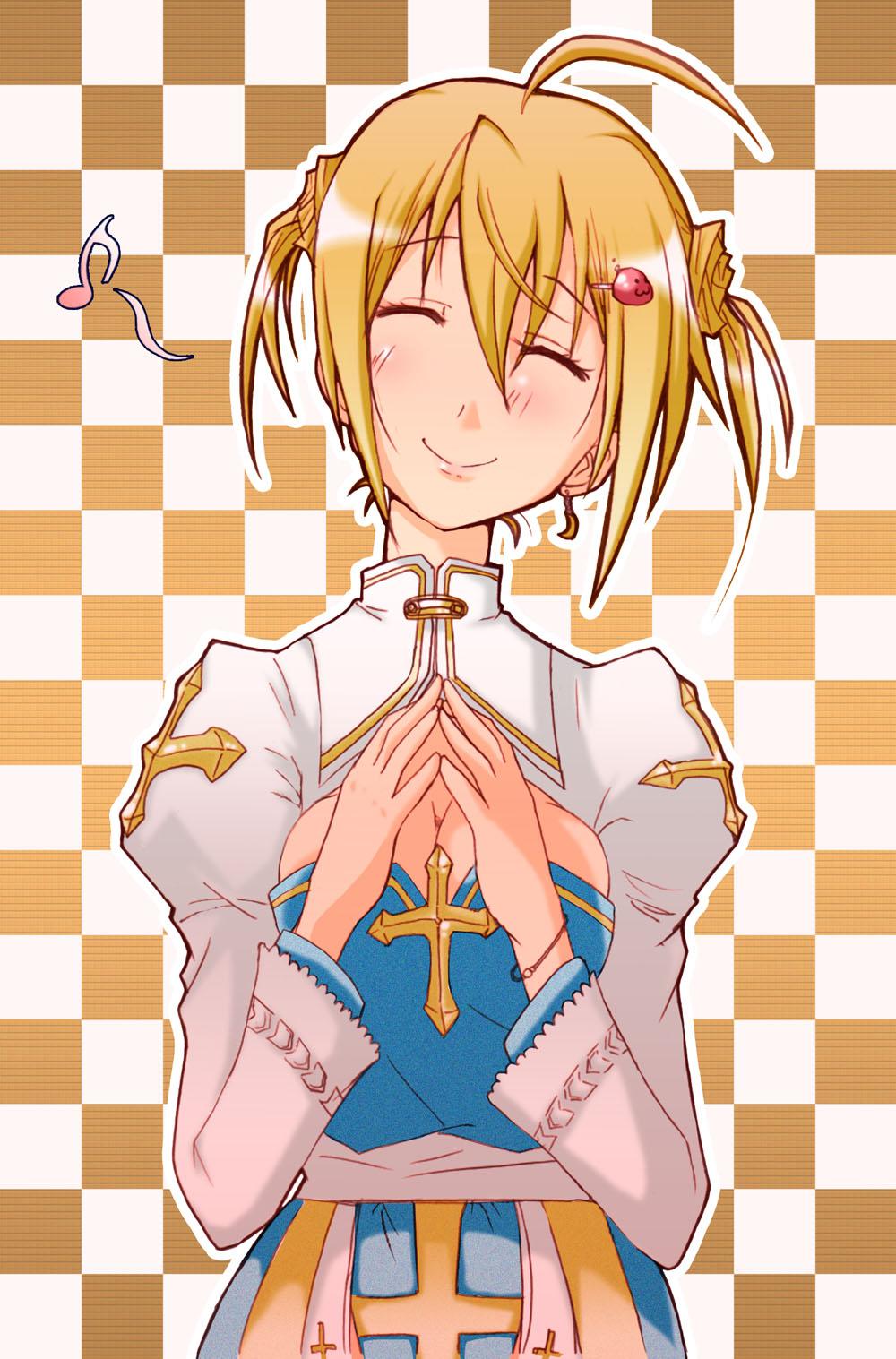 arch bishop (ragnarok online), poring, ragnarok online, commentary request, highres, 1girl, ahoge, amane rin (nanafuki), blonde hair, blue dress, blush, breasts, checkered background, cleavage, cleavage cutout, closed eyes, closed mouth, clothing cutout, cross, double bun, dress, hair bun, hair ornament, hairclip, juliet sleeves, large breasts, long sleeves, musical note, puffy sleeves, sash, short hair, short twintails, smile, solo, steepled fingers, twintails, two-tone dress, upper body, white background, white dress, white sash