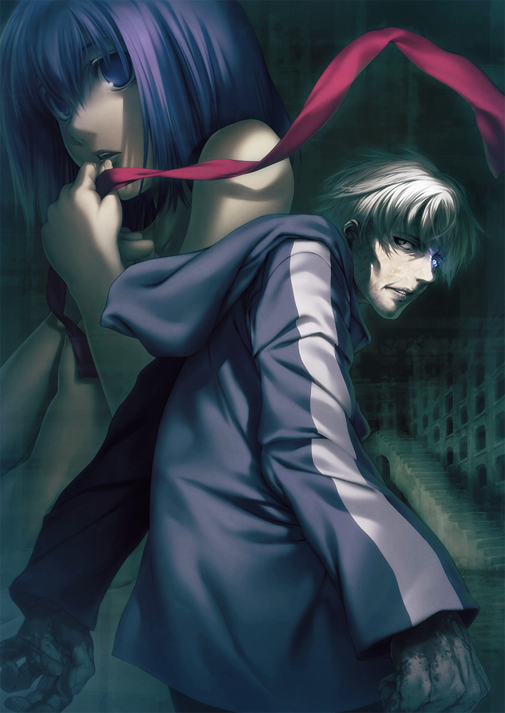 simosi, matou kariya, matou sakura, matou sakura (fate/zero), fate/stay night, fate/zero, fate (series), 00s, 1boy, 1girl, blue eyes, blue hair, breasts, large breasts, nipple slip, nipples, nude, white hair