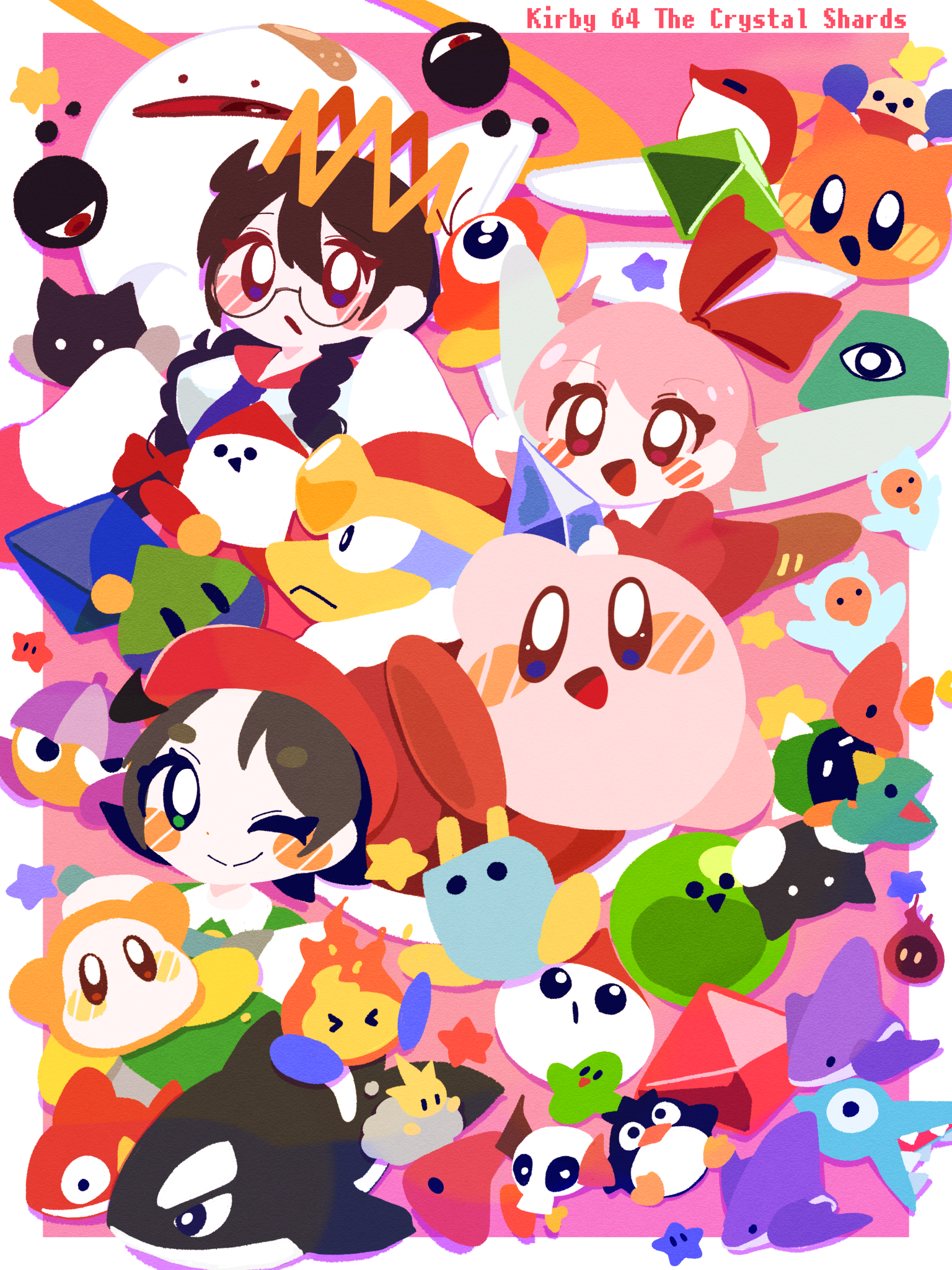 omame sakana, acro (kirby), adeleine, dark matter (kirby), king dedede, kirby, ribbon (kirby), ripple star queen, scarfy, waddle dee, waddle doo, zero two (kirby), kirby (series), kirby 64, nintendo, highres, 3girls, beret, black hair, bow, colored skin, copyright name, crown, fairy, fairy wings, hair bow, hat, multiple girls, one-eyed, one eye closed, pink skin, red bow, red eyes, red hat, smile, wings