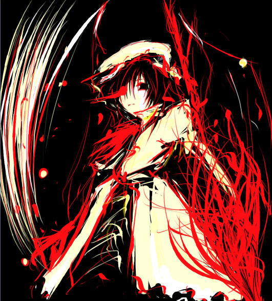 simon letty, remilia scarlet, touhou, 1girl, black background, female focus, frills, hat, limited palette, looking at viewer, mob cap, puffy short sleeves, puffy sleeves, short sleeves, simple background, sketch, solo