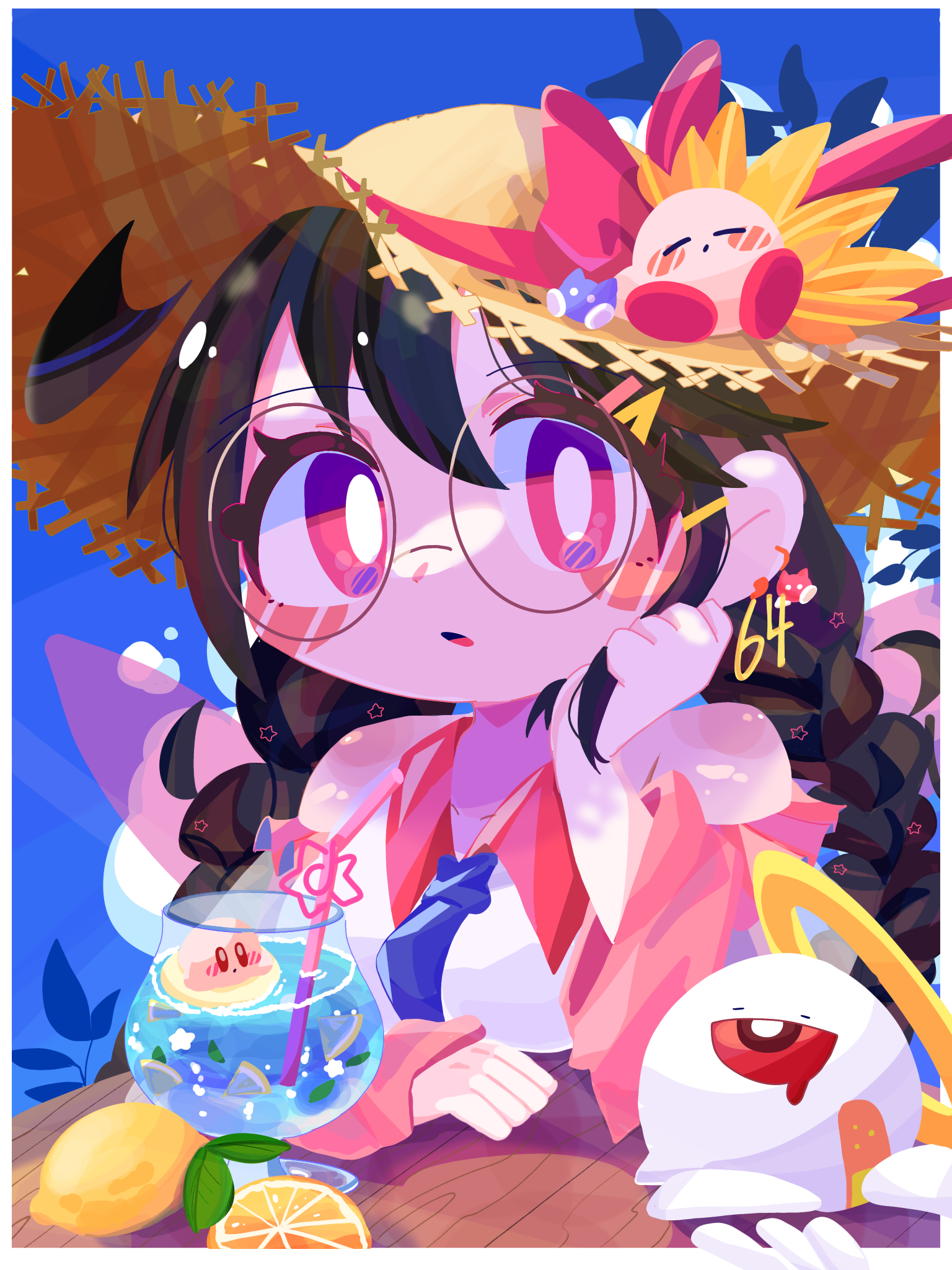 omame sakana, kirby, ripple star queen, zero two (kirby), kirby (series), kirby 64, nintendo, highres, 1girl, black hair, braid, drink, drinking straw, earrings, fairy, fairy wings, glasses, halo, hat, jewelry, looking at viewer, low twin braids, one-eyed, purple eyes, red eyes, straw hat, twin braids, wings