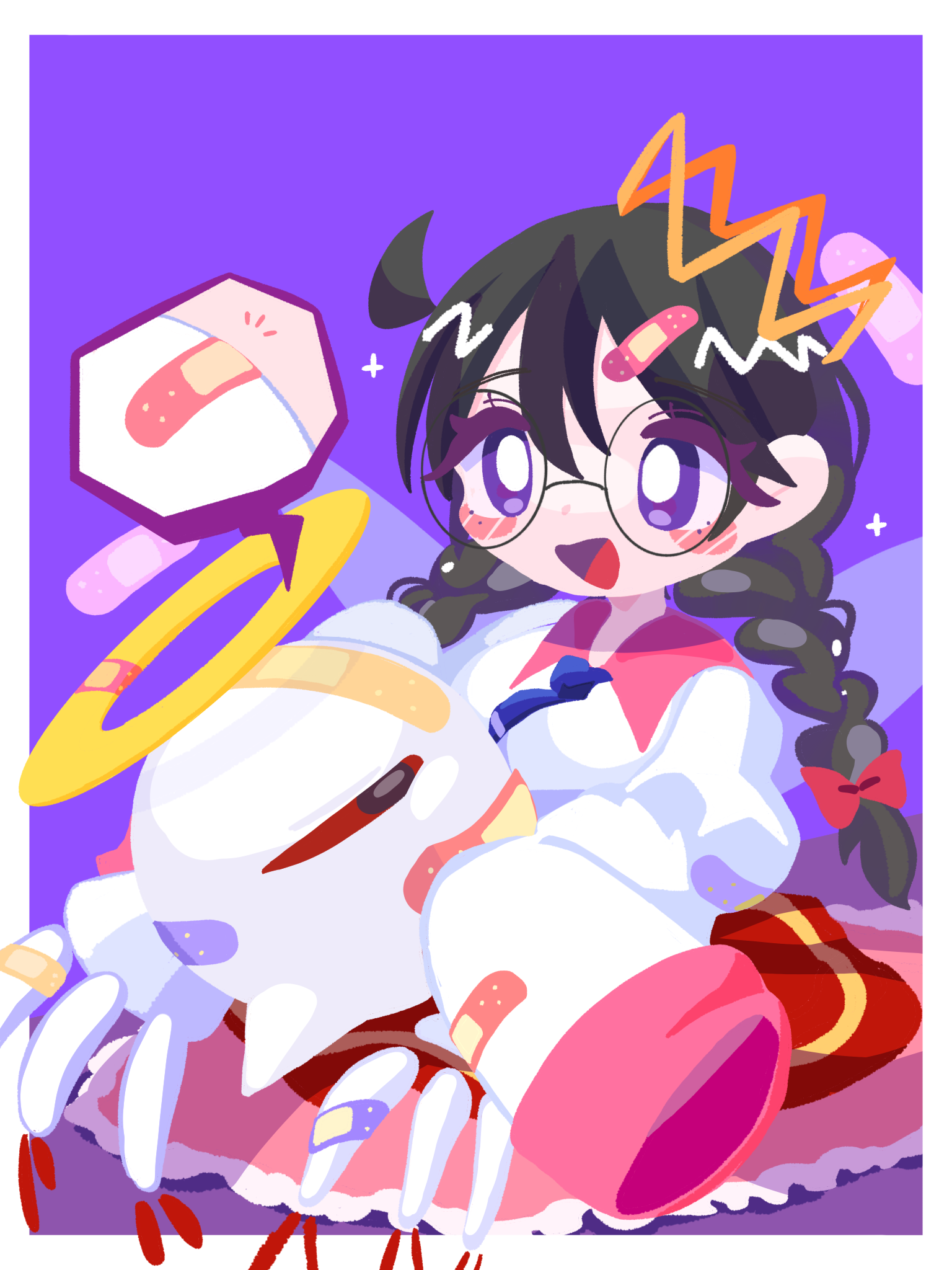 omame sakana, ripple star queen, zero two (kirby), kirby (series), kirby 64, nintendo, highres, 1girl, bandaid, black hair, braid, crown, glasses, halo, low twin braids, one-eyed, open mouth, purple background, purple eyes, red eyes, simple background, sleeves past fingers, sleeves past wrists, smile, twin braids