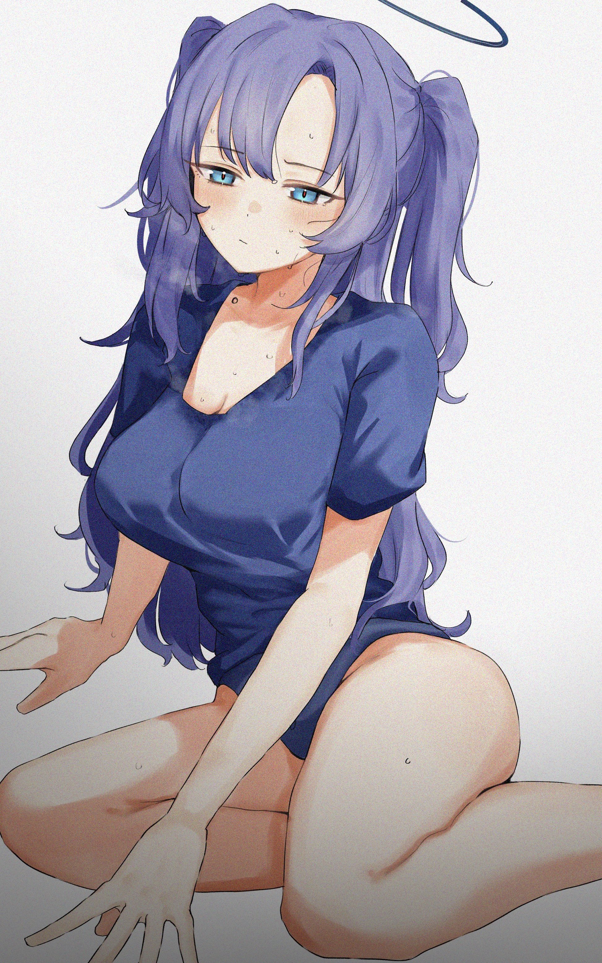 showtime775, yuuka (blue archive), yuuka (track) (blue archive), blue archive, absurdres, adversarial noise, highres, 1girl, black shirt, blue buruma, breasts, buruma, gym uniform, halo, long hair, mechanical halo, official alternate costume, purple eyes, purple hair, shirt, short sleeves, sitting, two side up, yokozuwari