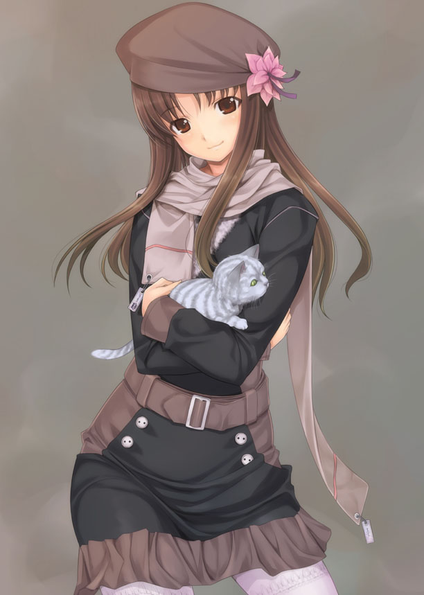 mikazuki akira!, original, 1girl, belt, blush, brown hair, casual, cat, dress, female focus, flower, hat, long hair, pantyhose, scarf, smile, solo, thighhighs