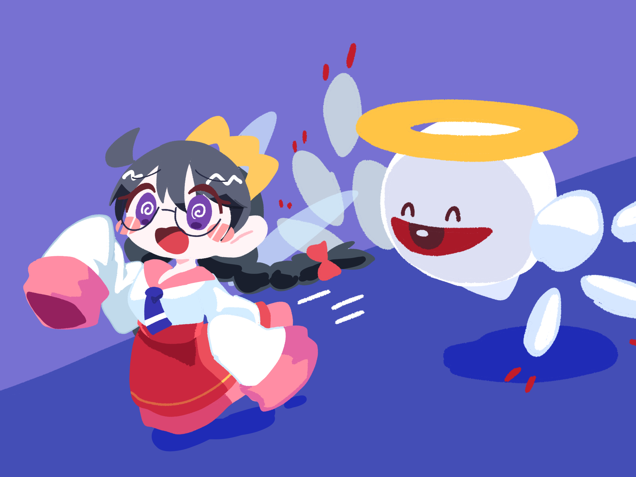 omame sakana, ripple star queen, zero two (kirby), kirby (series), kirby 64, nintendo, highres, 1girl, black hair, blue background, crown, fairy, fairy wings, fleeing, halo, long hair, one-eyed, open mouth, purple eyes, red eyes, simple background, sleeves past fingers, sleeves past wrists, wings