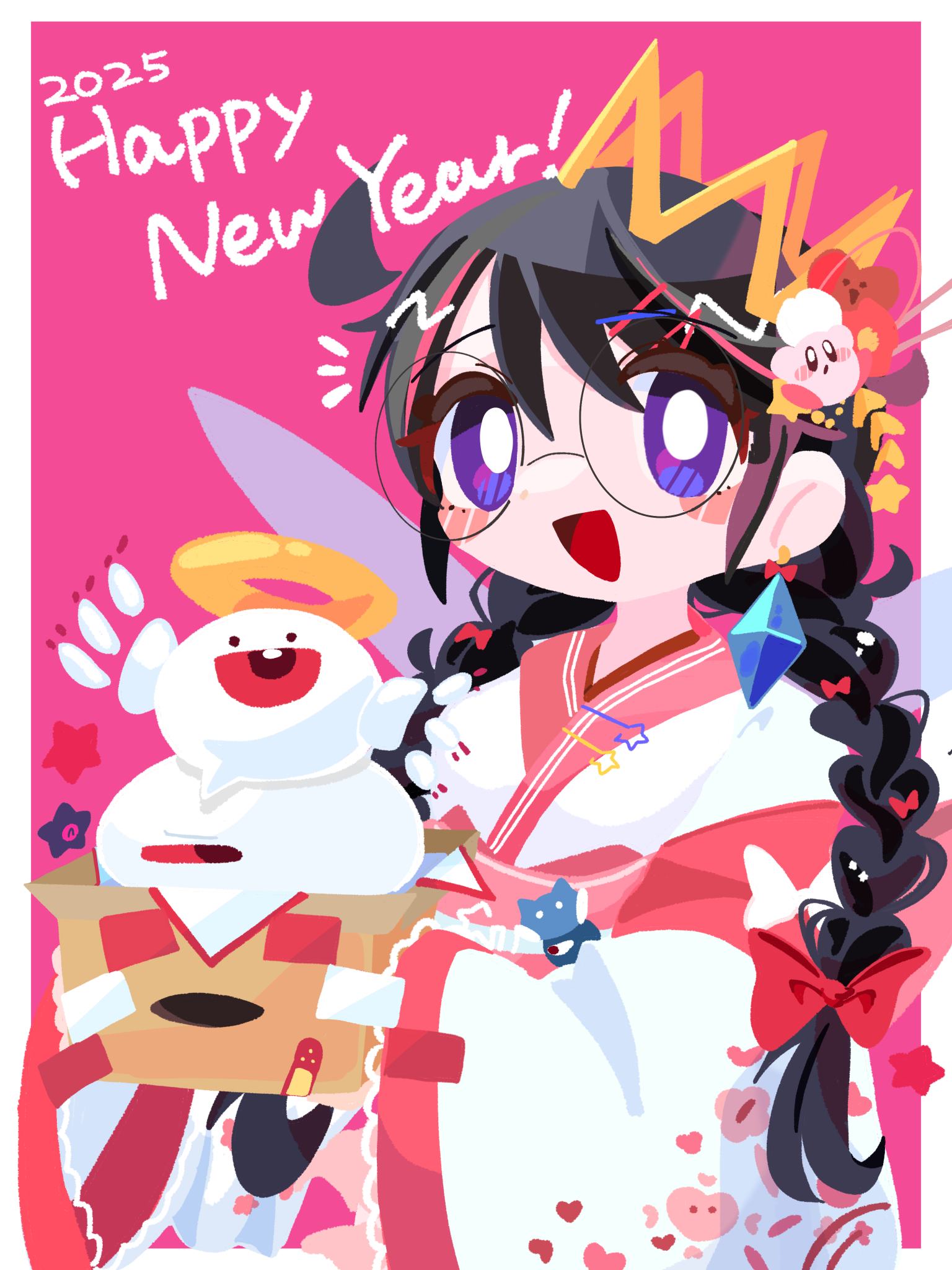 omame sakana, kirby, ripple star queen, zero (kirby), zero two (kirby), kirby (series), nintendo, highres, 1girl, black hair, braid, crown, earrings, glasses, happy new year, jewelry, long hair, low twin braids, new year, one-eyed, open mouth, pink background, red eyes, simple background, sleeves past fingers, sleeves past wrists, smile, twin braids