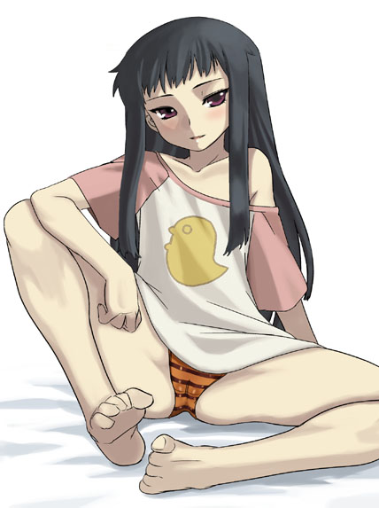 dr.p, jakuri (ar tonelico), ar tonelico, ar tonelico ii, gust, 00s, 1girl, barefoot, black hair, female focus, funbuns, long hair, no pants, panties, purple eyes, raglan sleeves, simple background, solo, spread legs, striped clothes, striped panties, underwear