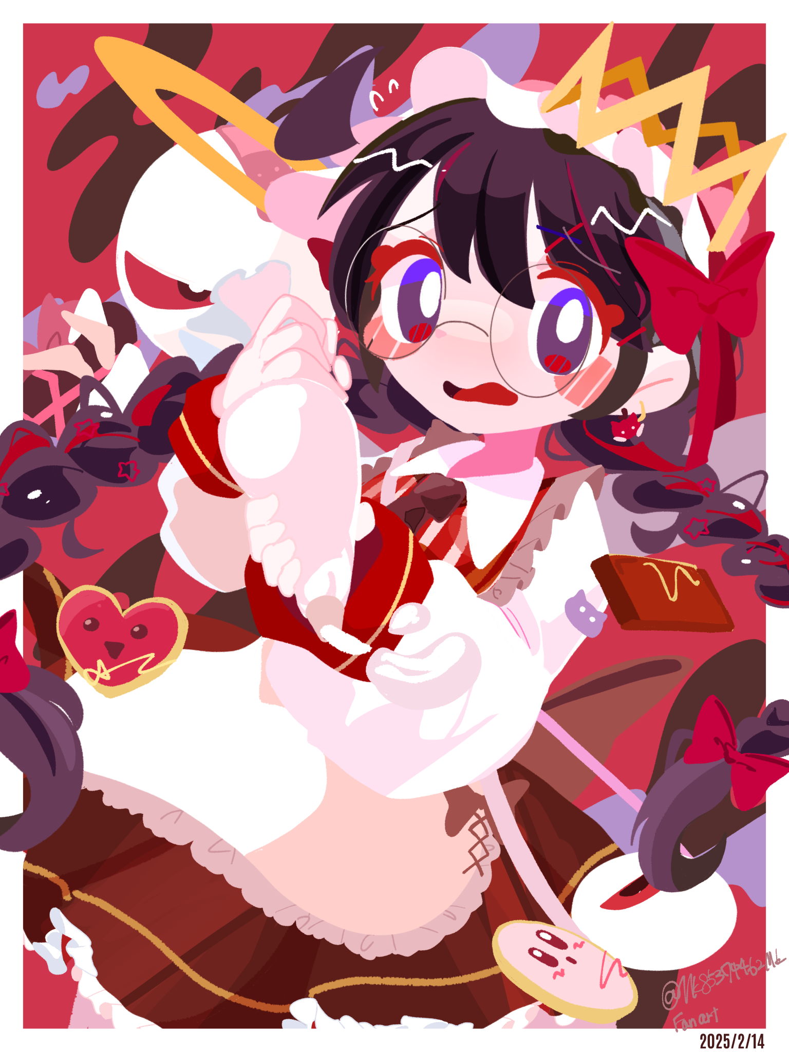 omame sakana, kirby, ripple star queen, zero two (kirby), kirby (series), kirby 64, nintendo, highres, 1girl, artist name, bow, cookie, crown, dated, food, glasses, hair bow, halo, holding, holding pastry bag, one-eyed, pastry bag, purple eyes, red bow, red eyes, ripple star