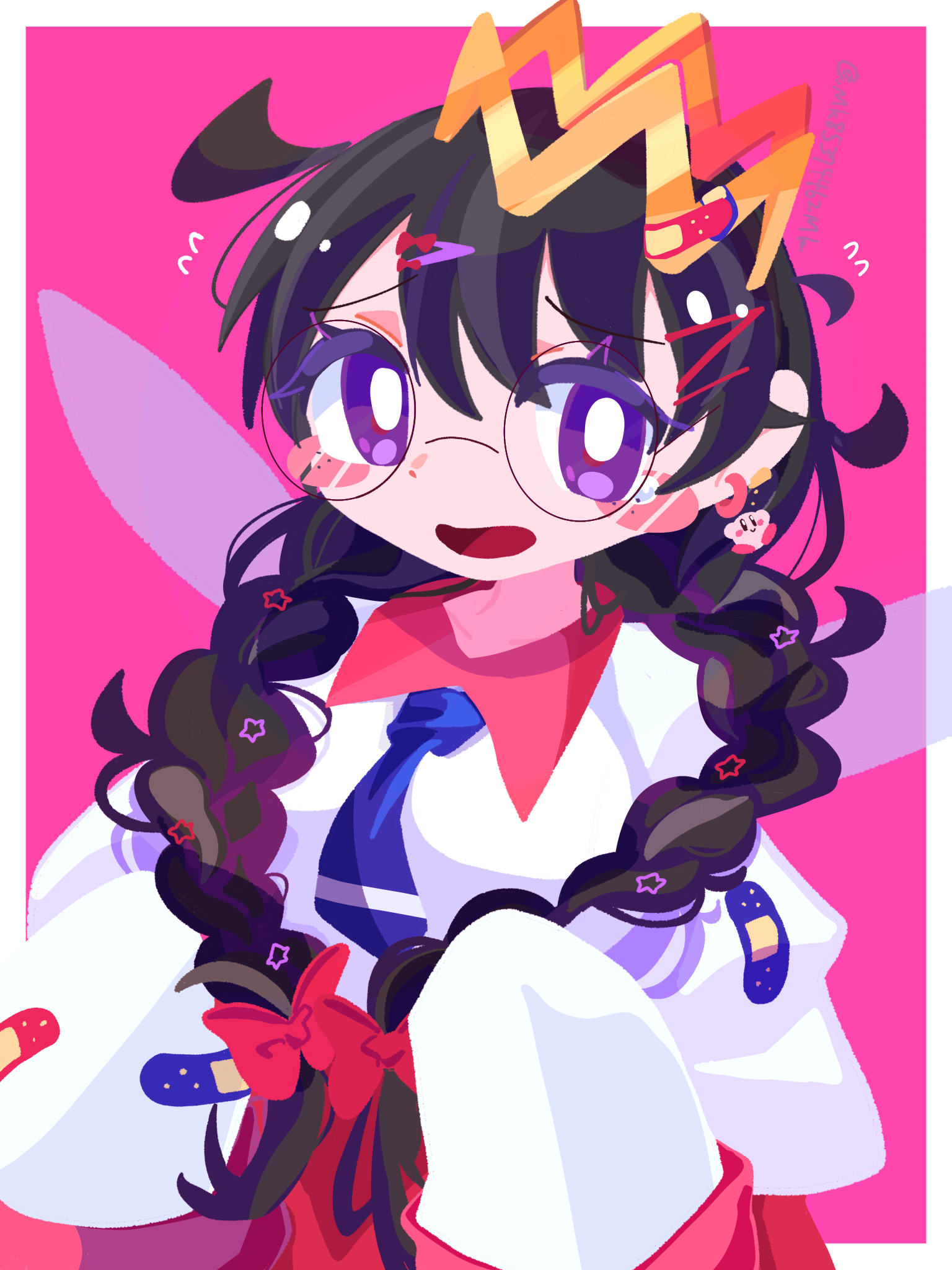 omame sakana, kirby, ripple star queen, kirby (series), kirby 64, nintendo, highres, 1girl, artist name, bandaid, black hair, bow, braid, crown, earrings, flying sweatdrops, hair bow, jewelry, long hair, low twin braids, open mouth, pink background, purple eyes, red bow, simple background, sleeves past fingers, sleeves past wrists, twin braids