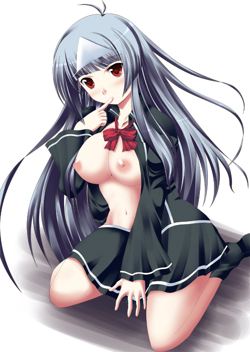kuronezumi, satsuki (quiz magic academy), quiz magic academy, 1girl, breasts, female focus, nipples, no bra, open clothes, open shirt, school uniform, serafuku, shirt, solo