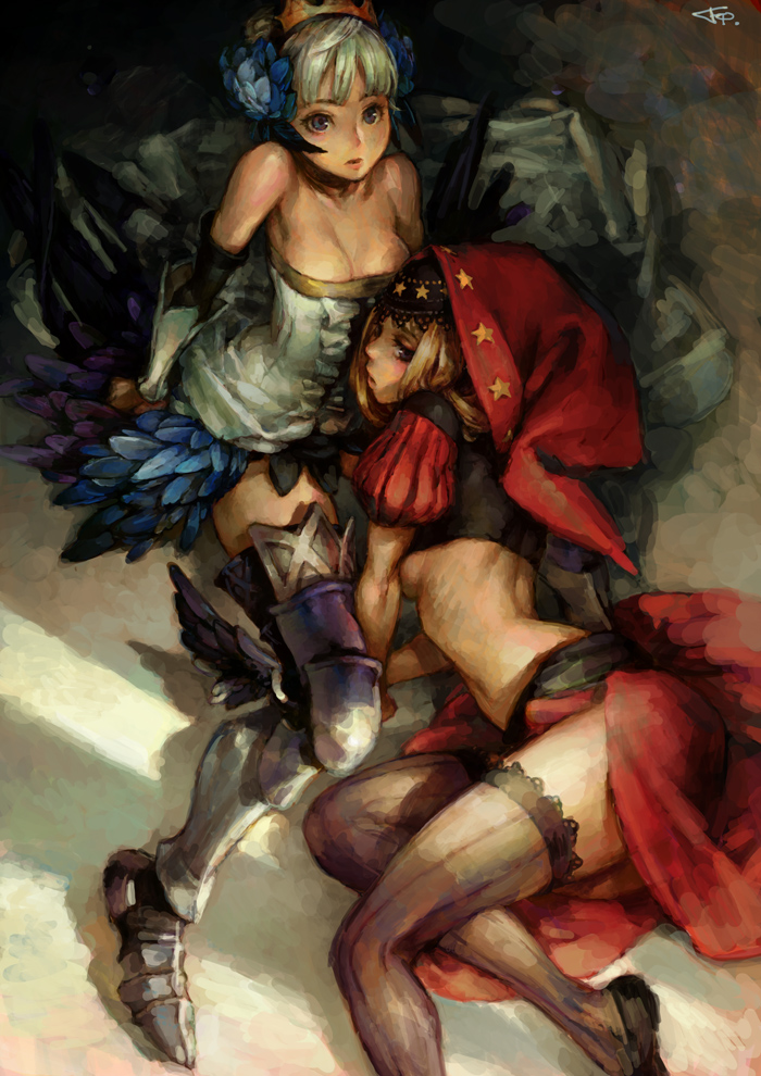 fcp, gwendolyn (odin sphere), velvet (odin sphere), odin sphere, vanillaware, 2girls, armor, armored dress, boots, breasts, cleavage, crown, dress, hat, large breasts, midriff, multiple girls, nipple slip, nipples, siblings, sisters, strapless, strapless dress, thigh boots, thighhighs, underboob