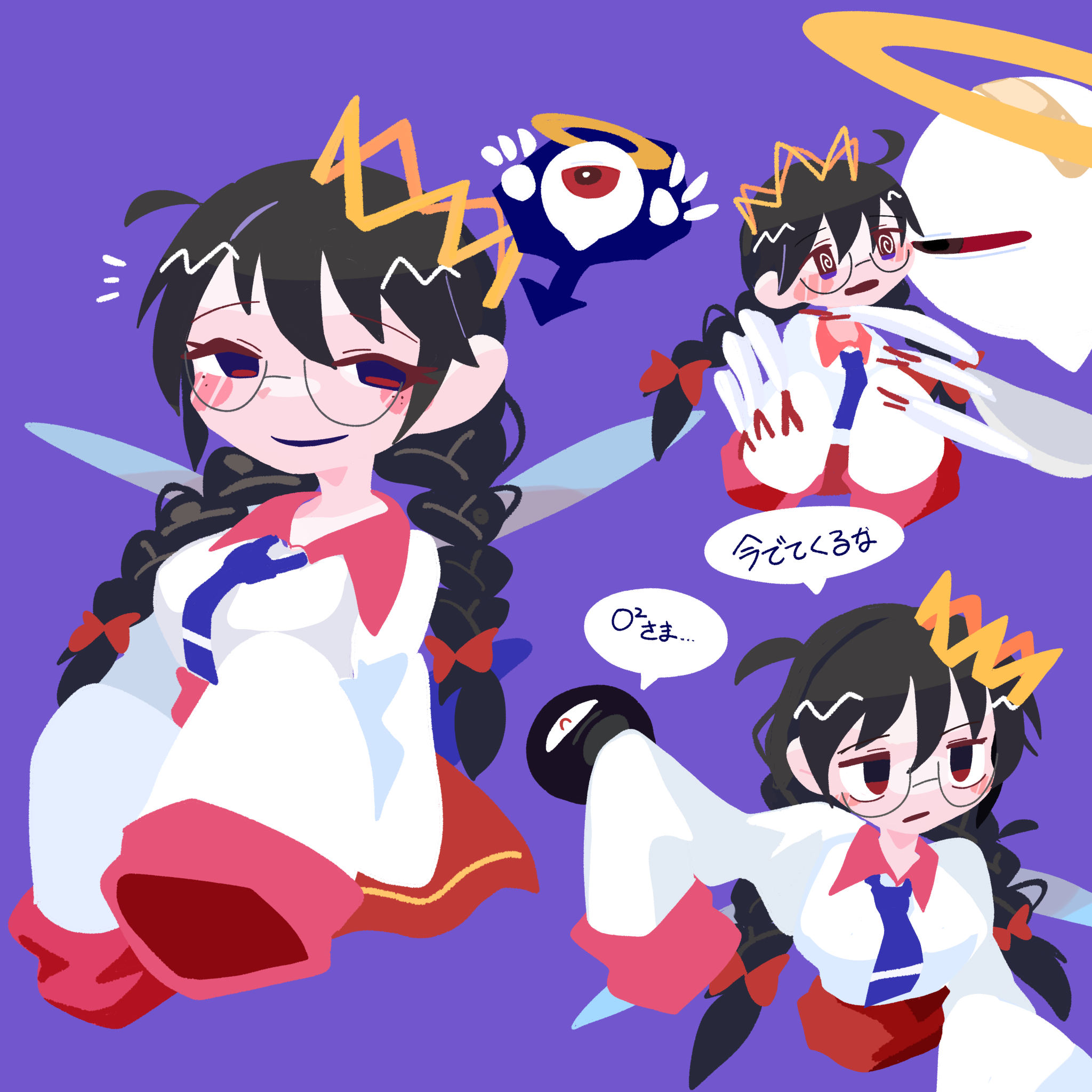 omame sakana, ripple star queen, zero two (kirby), kirby (series), kirby 64, nintendo, highres, 1girl, bandaid, black hair, bow, braid, crown, fairy, fairy wings, hair bow, halo, long hair, low twin braids, one-eyed, possessed, purple background, red bow, red eyes, simple background, sleeves past fingers, sleeves past wrists, twin braids, wings