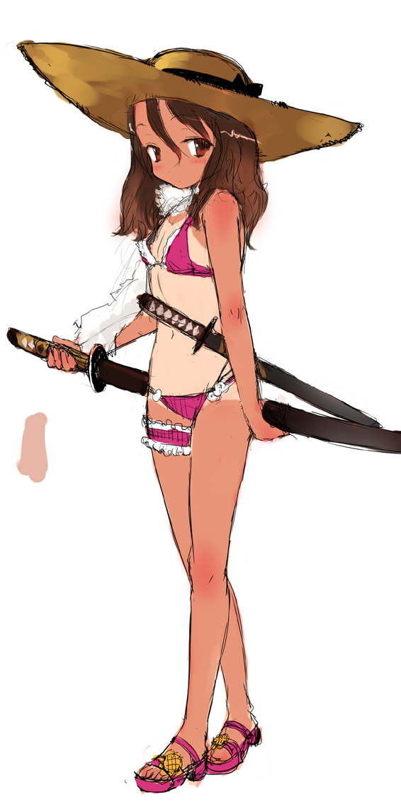 sasahara yuuki, long image, tall image, 1girl, bikini, brown eyes, brown hair, female focus, flat chest, hat, katana, loli, nipple slip, nipples, one-piece tan, red bikini, scabbard, sheath, simple background, sketch, solo, swimsuit, sword, tan, tanline, weapon, white background