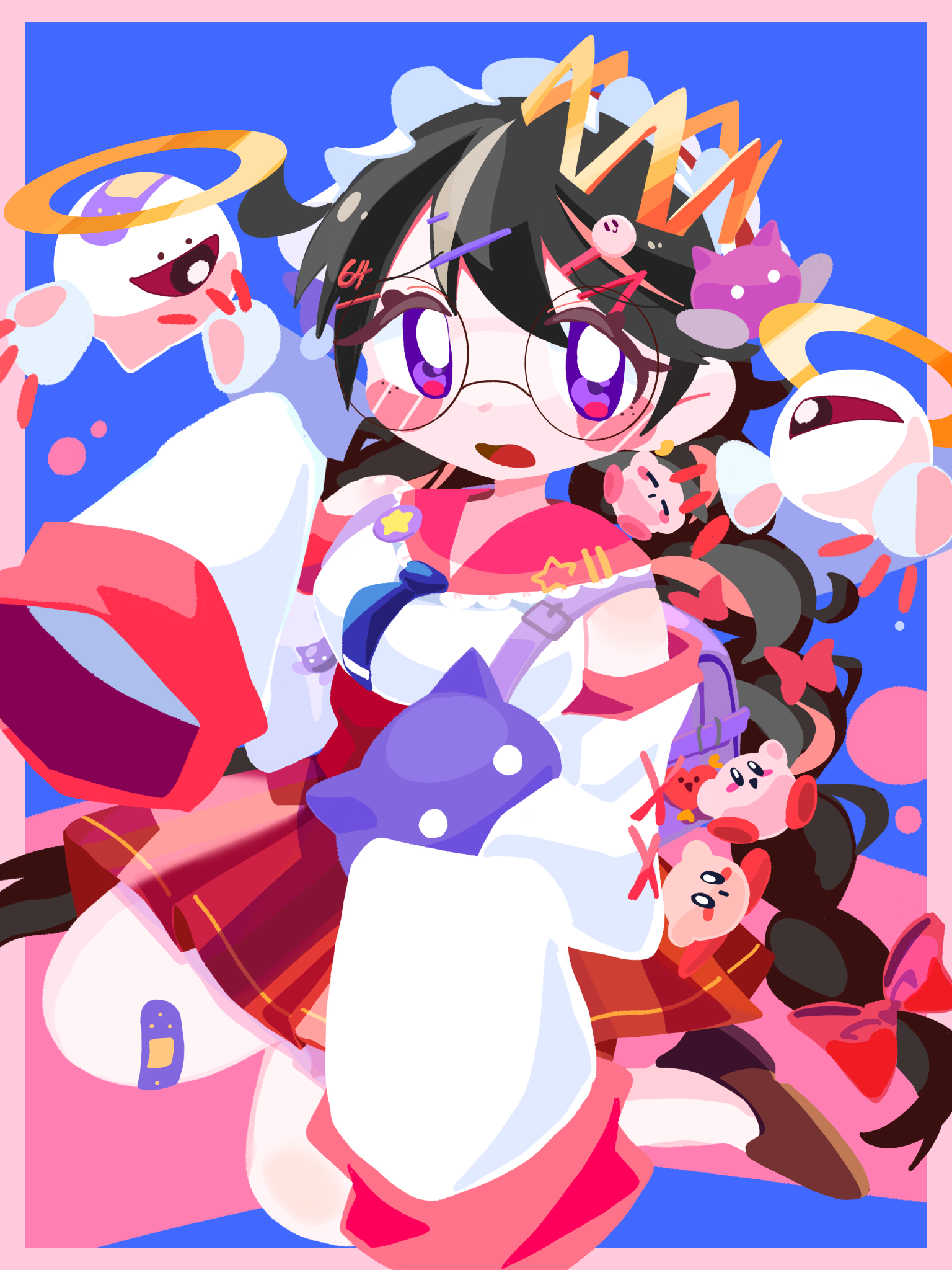 omame sakana, kirby, ripple star queen, zero two (kirby), kirby (series), kirby 64, nintendo, highres, 1girl, blue background, brown shoes, crown, glasses, halo, looking at viewer, one-eyed, purple eyes, red eyes, shoes, simple background, sleeves past fingers, sleeves past wrists