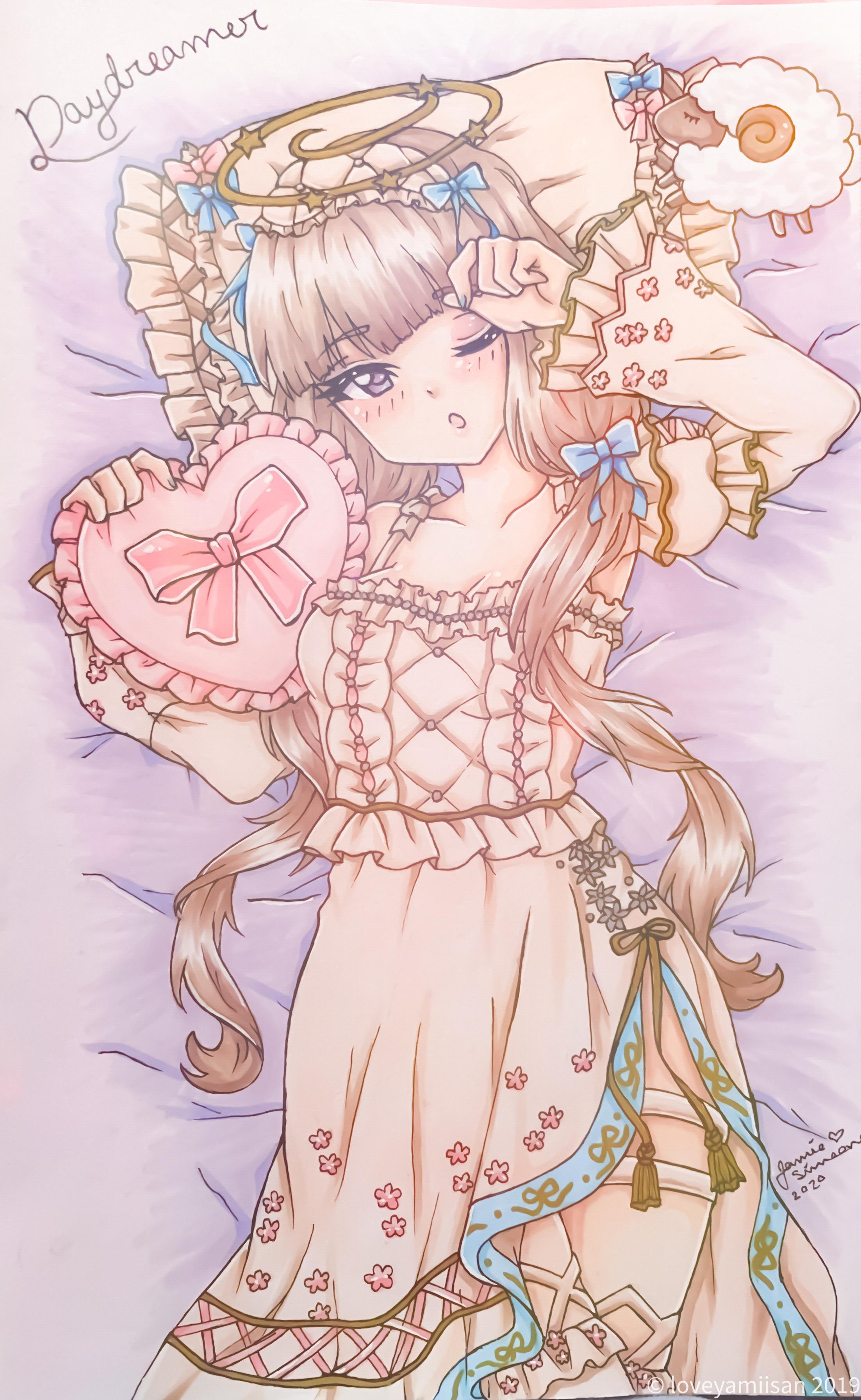 miracle nikki, nikki (series), absurdres, commentary, english commentary, highres, traditional media, 1girl, 2020, ;o, blonde hair, blue bow, bow, breasts, center frills, character name, cleavage, collarbone, cowboy shot, crossed legs, daydreamer (miracle nikki), dot nose, dress, floral print, frilled sleeves, frilled thighhighs, frills, hair bow, hair over shoulder, halo, heart, heart-shaped pillow, holding, holding pillow, instagram username, juliet sleeves, light blush, long dress, long hair, long sleeves, looking at viewer, low twintails, lying, mask, mask on head, multiple hair bows, nightgown, on back, on bed, one eye closed, open mouth, pillow, pink bow, puffy sleeves, rubbing eyes, sheep, signature, sleep mask, sleepy, sleeves past wrists, solo, square neckline, star (symbol), thigh strap, thighhighs, tsurime, twintails, very long hair, watermark, wavy hair, white dress, white mask, white thighhighs, yamisaan, yellow halo