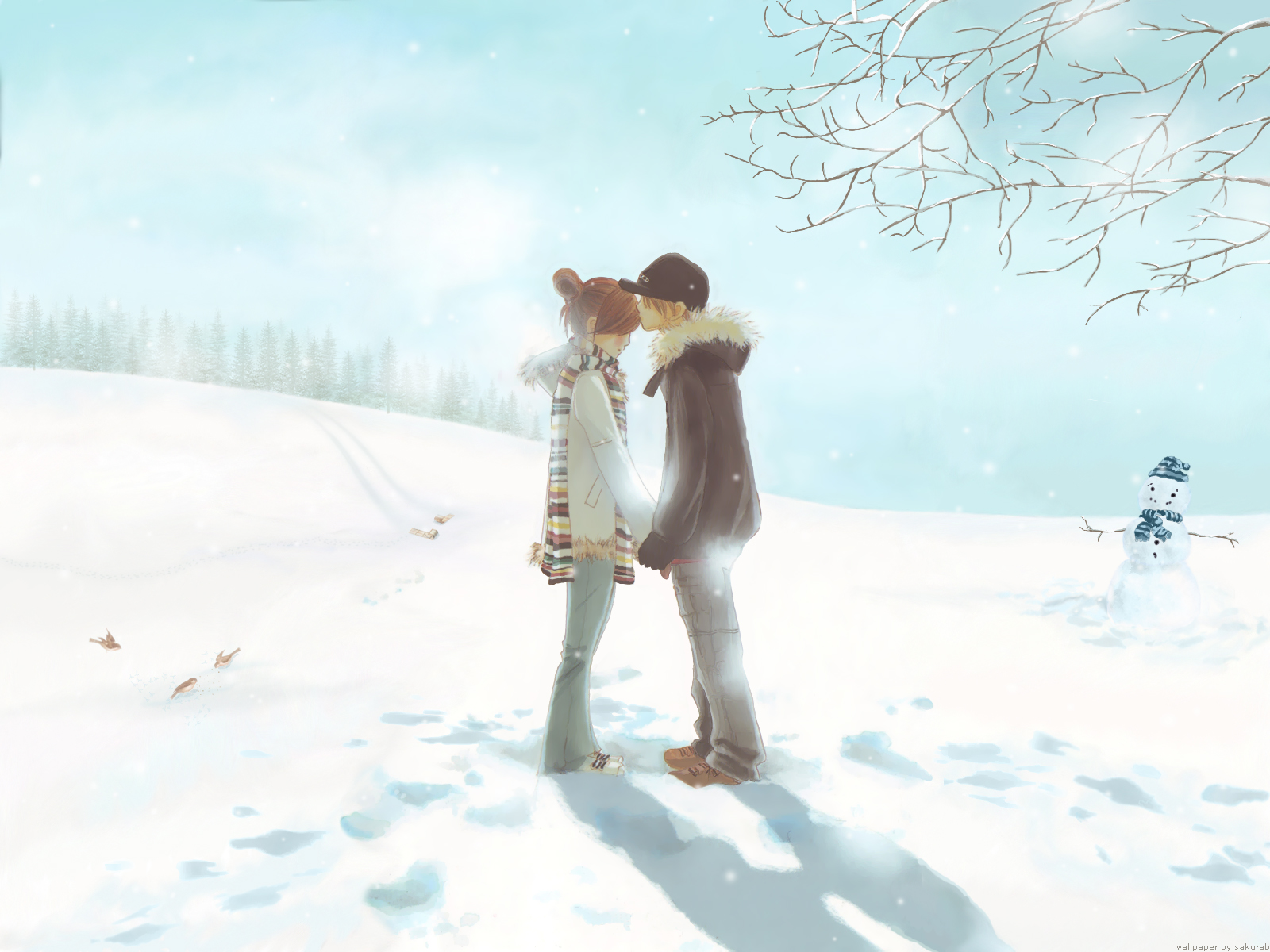 motoharu yano, takahashi nanami, yano motoharu, bokura ga ita, highres, 00s, 1boy, 1girl, bird, denim, hair bun, hetero, jeans, kiss, nature, orange hair, pants, single hair bun, snow, snowing, snowman, watermark, winter