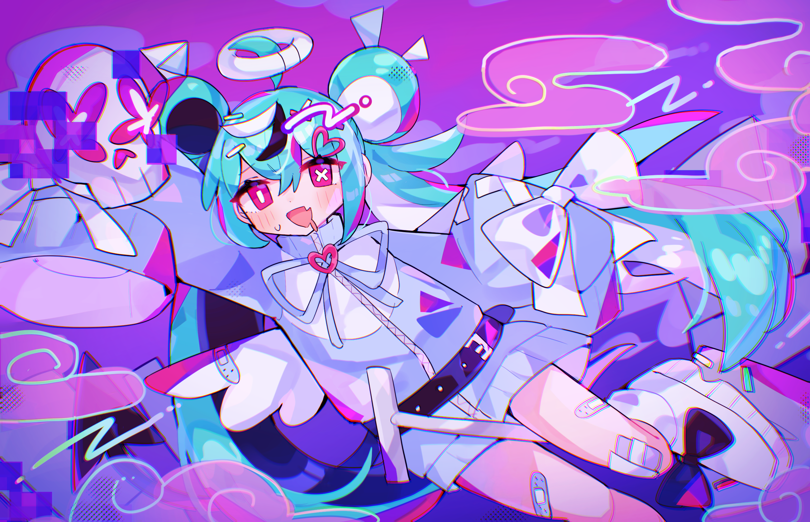 sushiuma m, hatsune miku, vocaloid, commentary request, highres, official art, 1girl, alternate costume, alternate eye color, aqua hair, arm up, bandaid, bandaid on leg, bandaid on wing, belt, between legs, black belt, blue jacket, blush, cloud, demon tail, double bun, drooling, fang, floating hair, fluorescent lamp, foot out of frame, hair bun, hair ornament, halo, heart, heart hair ornament, holding, holding skull, jacket, long hair, looking at viewer, mismatched pupils, mouth drool, multicolored hair, no pants, open mouth, outstretched arm, pink eyes, purple background, seimeisei shindoroumu (vocaloid), shoes, shovel, skin fang, skull, sleeve ribbon, sleeves past fingers, sleeves past wrists, smile, sneakers, solo, streaked hair, symbol-shaped pupils, tail, twintails, very long hair, white shoes, x-shaped pupils
