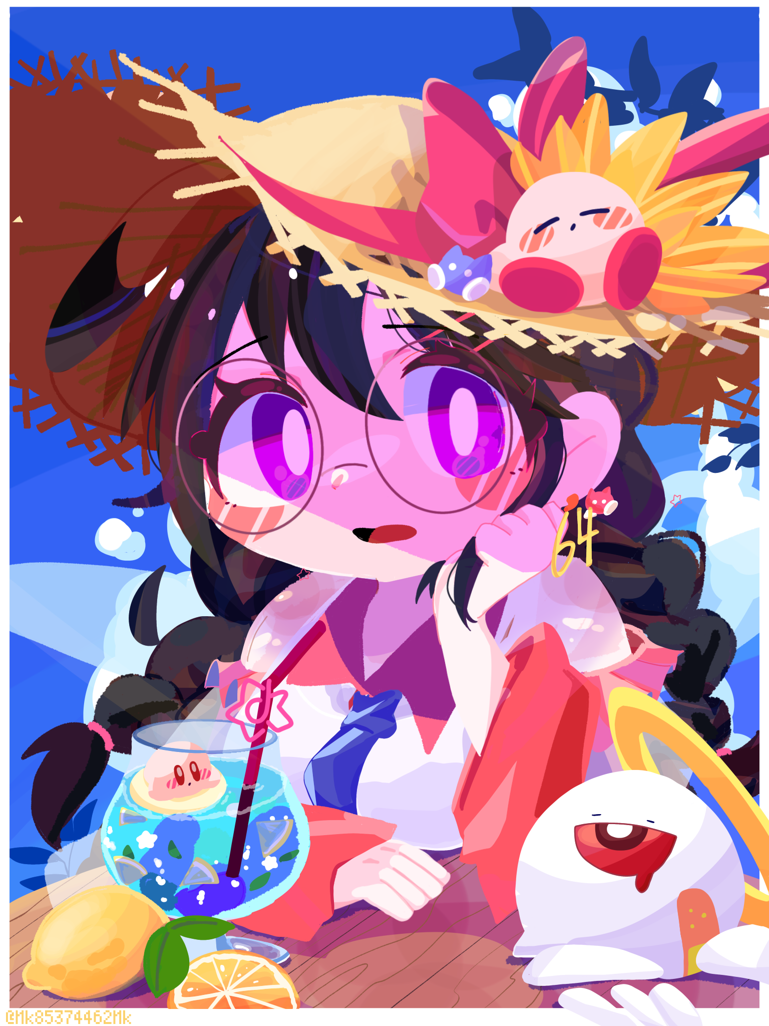 omame sakana, kirby, ripple star queen, zero two (kirby), kirby (series), kirby 64, nintendo, highres, 1girl, black hair, bow, braid, drink, drinking straw, earrings, halo, hat, hat bow, head rest, jewelry, low twin braids, one-eyed, purple eyes, red eyes, straw hat, twin braids