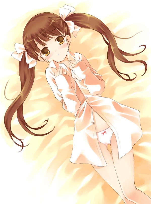 kurasuke, original, 1girl, bare legs, blush, bow, bow panties, brown eyes, brown hair, dress shirt, female focus, hair bow, loli, long hair, lying, navel, on back, panties, shirt, solo, twintails, underwear, white panties