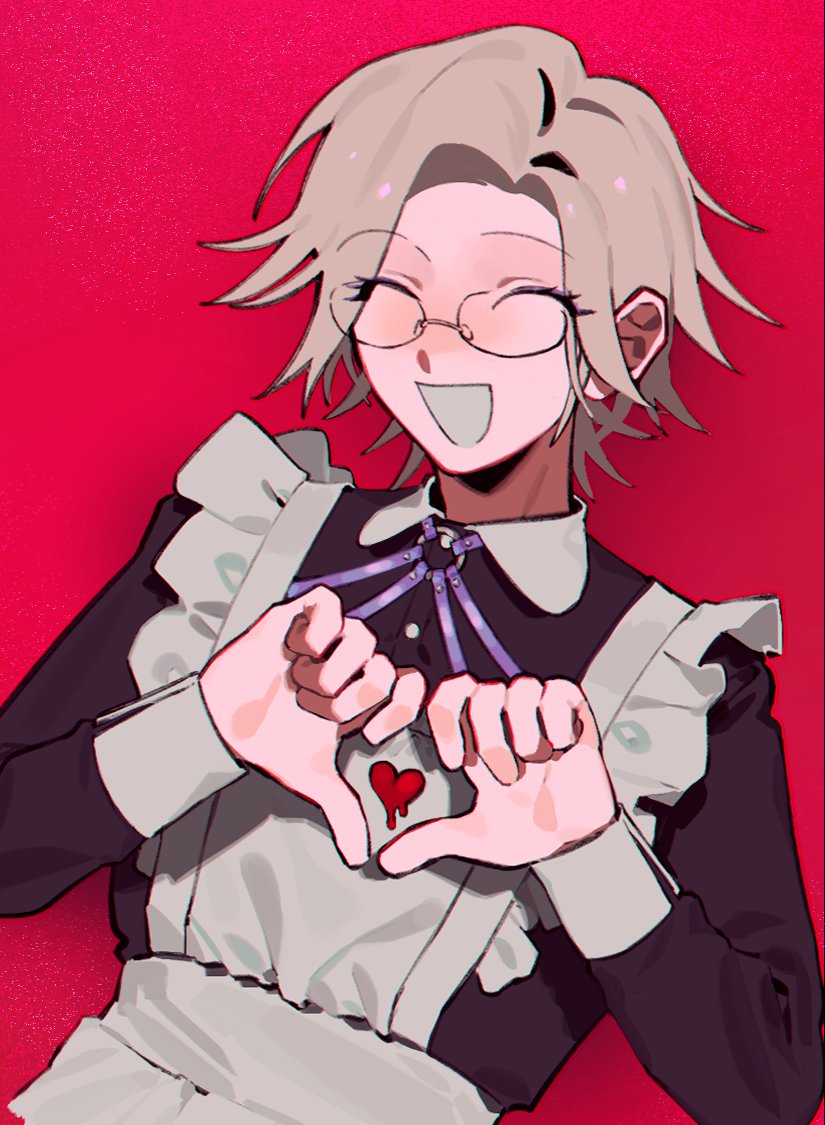 mini/, aotsuki eito, the hundred line -last defense academy-, commentary, english commentary, merchandise available, 1boy, :d, alternate costume, apron, black shirt, crossdressing, crossdressing (mtf), enmaided, facing viewer, frills, heart, heart hands, heart in heart hands, long sleeves, maid, maid apron, male focus, male maid, melting heart, open mouth, red background, shirt, short hair, simple background, smile, solo, thumbs down, thumbs down heart hands, upper body, white apron