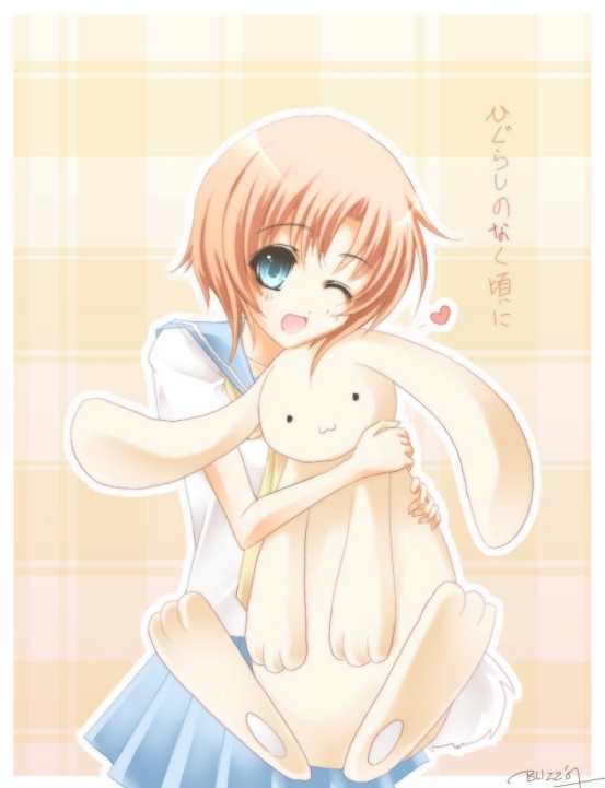 blizz, ryuuguu rena, higurashi no naku koro ni, 00s, 1girl, blue eyes, female focus, one eye closed, orange hair, rabbit, school uniform, serafuku, short hair, solo, stuffed animal, stuffed rabbit, stuffed toy, wink