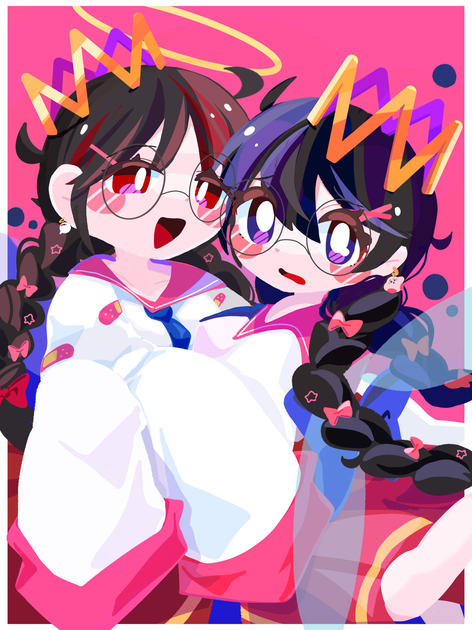 omame sakana, ripple star queen, zero two (kirby), kirby (series), kirby 64, nintendo, highres, black hair, bow, braid, crown, glasses, hair bow, halo, looking at viewer, low twin braids, open mouth, pink background, pink bow, possessed, purple eyes, red eyes, simple background, sleeves past fingers, sleeves past wrists, twin braids