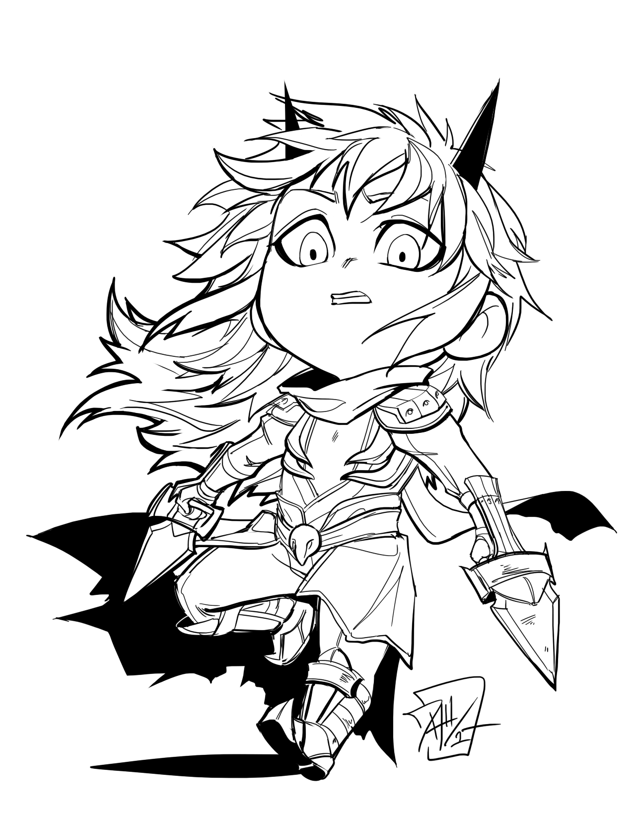 wasabu, assassin cross (ragnarok online), ragnarok online, commentary, commission, english commentary, highres, 1boy, armor, armored boots, boots, chibi, chibi only, clenched teeth, cone horns, dagger, full body, greyscale, holding, holding dagger, holding knife, holding weapon, horns, jamadhar, knife, lineart, long hair, looking at viewer, male focus, monochrome, pants, pauldrons, scarf, shirt, shoulder armor, simple background, solo, teeth, weapon