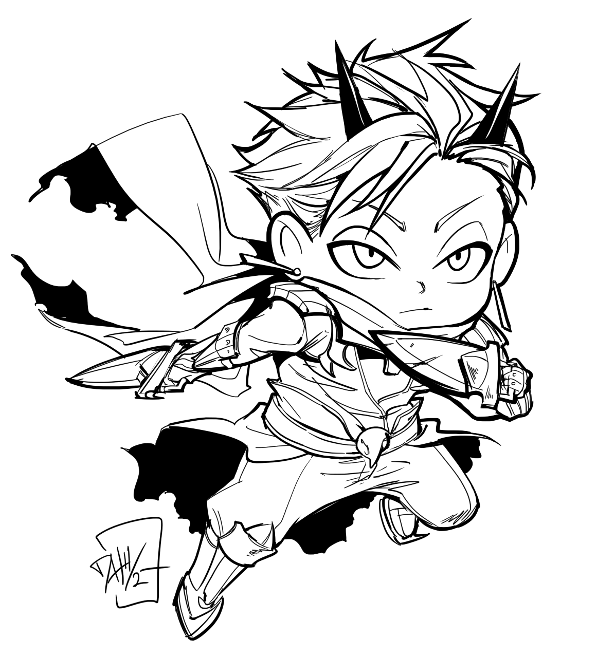 wasabu, assassin cross (ragnarok online), ragnarok online, commission, highres, 1boy, armor, armored boots, boots, chibi, chibi only, closed mouth, cone horns, dagger, dual wielding, expressionless, fighting stance, full body, greyscale, holding, holding dagger, holding knife, holding weapon, horns, jamadhar, knife, lineart, looking at viewer, male focus, monochrome, pants, pauldrons, scarf, shirt, short hair, shoulder armor, simple background, solo, v-shaped eyebrows, waist cape, weapon