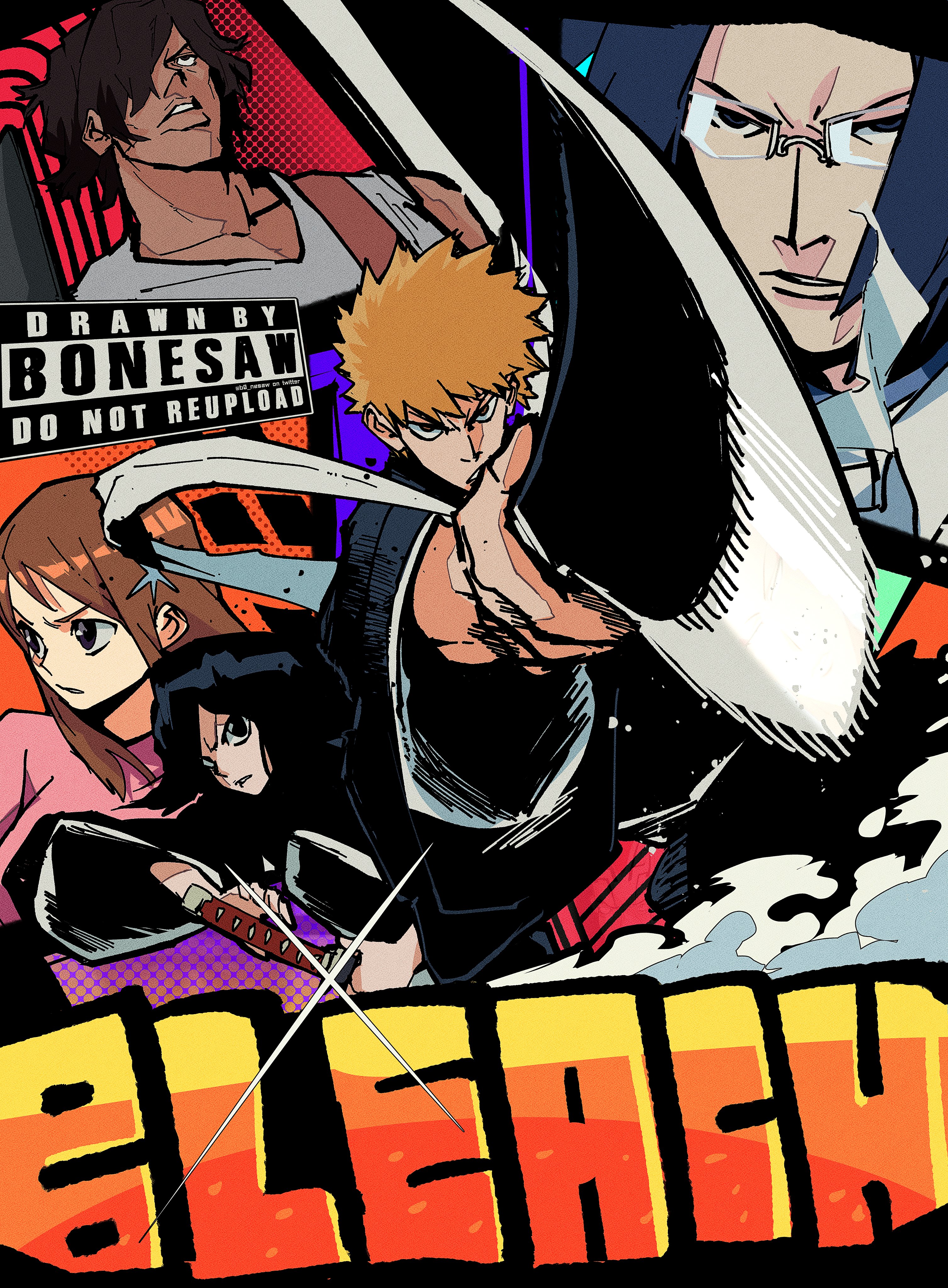 bonesaw (rdkshinku), inoue orihime, ishida uryuu, kuchiki rukia, kurosaki ichigo, sado yasutora, bleach, absurdres, highres, 2girls, 3boys, artist name, black eyes, black hair, black kimono, blue hair, brown eyes, brown hair, collarbone, copyright name, glasses, hair ornament, hair over one eye, hairpin, holding, holding sword, holding weapon, japanese clothes, kimono, long hair, looking at viewer, multiple boys, multiple girls, orange hair, parted lips, pink shirt, pointing melee weapon, pointing sword, shihakusho, shirt, sleeveless, sleeveless shirt, sword, v-shaped eyebrows, weapon, zangetsu (shikai)