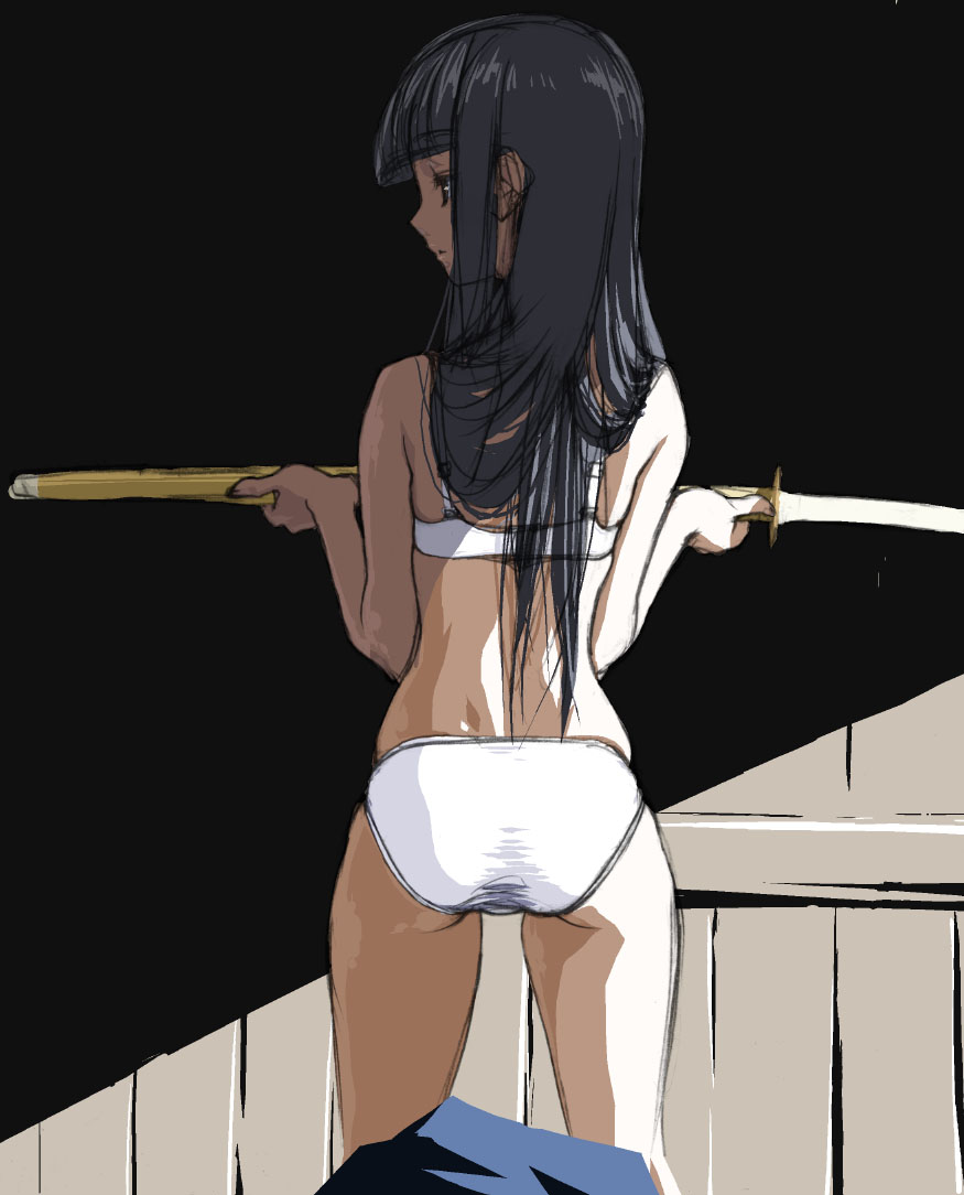 takashi akira, original, 1girl, ass, black hair, bra, female focus, lingerie, long hair, panties, shinai, solo, sword, underwear, underwear only, weapon