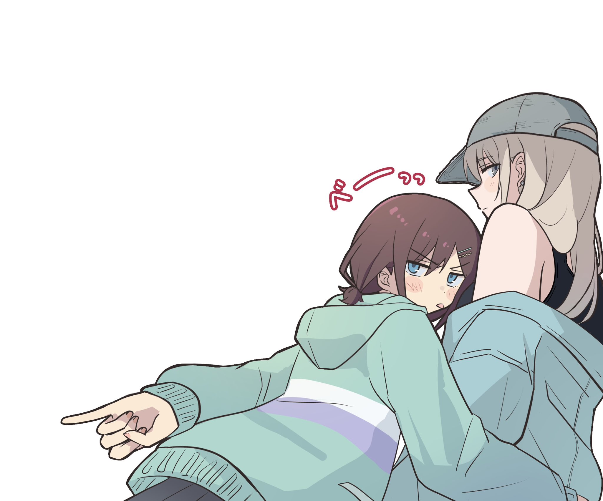 lemoontya, iseri nina, kawaragi momoka, girls band cry, highres, 2girls, baseball cap, black tank top, blue hoodie, blue jacket, blush, brown hair, earrings, hair ornament, hairclip, hat, hood, hoodie, jacket, jewelry, looking at viewer, looking back, multiple girls, off-shoulder jacket, off shoulder, parallel hairclips, pinky out, short twintails, simple background, tank top, tongue, tongue out, twintails, white background, white hair, yuri