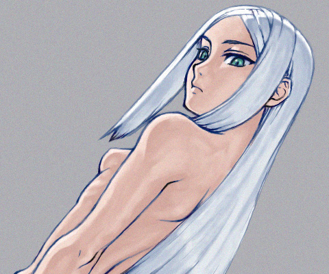 yuuya (yu-ya's), soma peries, gundam, gundam 00, silver hair, lowres, 00s, 1girl, breasts, female focus, flat chest, green eyes, long hair, looking back, nude, skinny, small breasts, solo, upper body