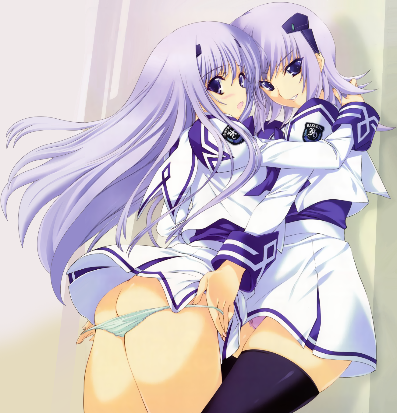 iizuki tasuku, cryska barchenowa, inia sestina, muv-luv, muv-luv alternative, muv-luv total eclipse, total eclipse, highres, 2girls, alternate costume, ass, black thighhighs, blue eyes, blush, butt crack, green panties, hair ornament, hug, long hair, multiple girls, panties, panty pull, pantyshot, pink panties, purple hair, school uniform, serafuku, short hair, thighhighs, underwear, white panties, yuri, zettai ryouiki