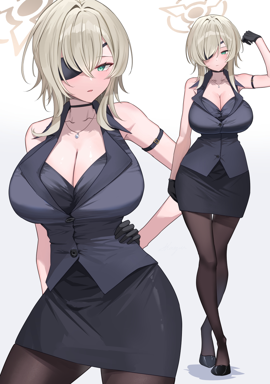 shougun (chuckni1), suou (blue archive), blue archive, highres, 1girl, arm strap, arm up, bare shoulders, black gloves, black pantyhose, black skirt, blush, breasts, cleavage, eyepatch, gloves, green eyes, halo, hand on own hip, jewelry, large breasts, looking at viewer, medium hair, miniskirt, multiple views, necklace, one eye covered, pantyhose, parted lips, simple background, skirt, standing, white background, white hair
