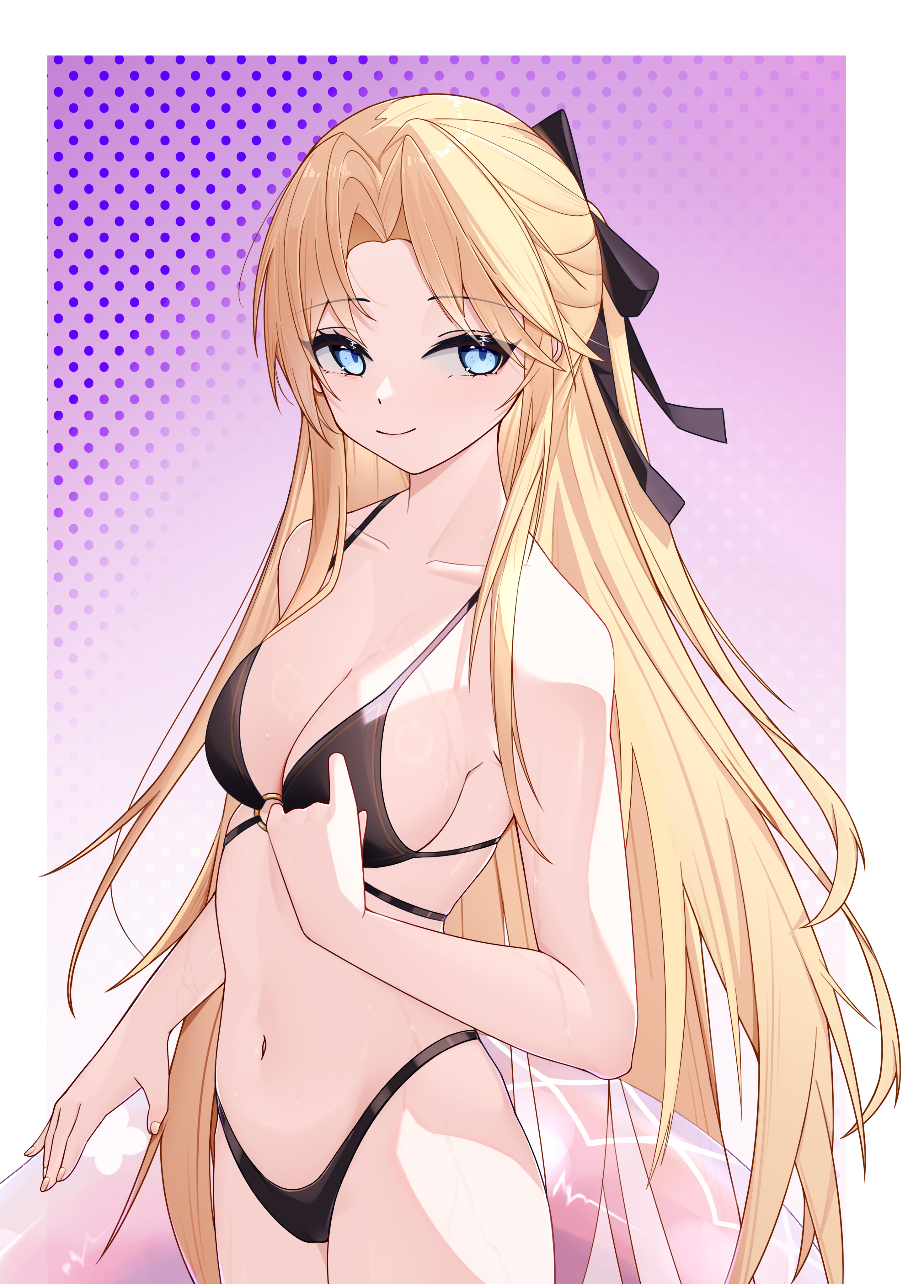 xin sanmu, vanguard (azur lane), azur lane, absurdres, highres, mixed-language commentary, 1girl, bikini, black bikini, blonde hair, blue eyes, border, breasts, cleavage, collarbone, cowboy shot, half updo, highleg, highleg bikini, long hair, medium breasts, navel, o-ring, o-ring bikini, parted bangs, simple background, smile, solo, standing, swimsuit, very long hair, white border