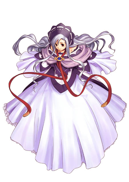 ohse kohime, pamela ibis, atelier (series), atelier iris, atelier iris eternal mana, gust, silver hair, 1girl, bonnet, dress, female focus, ghost, hat, solo, white background, white dress