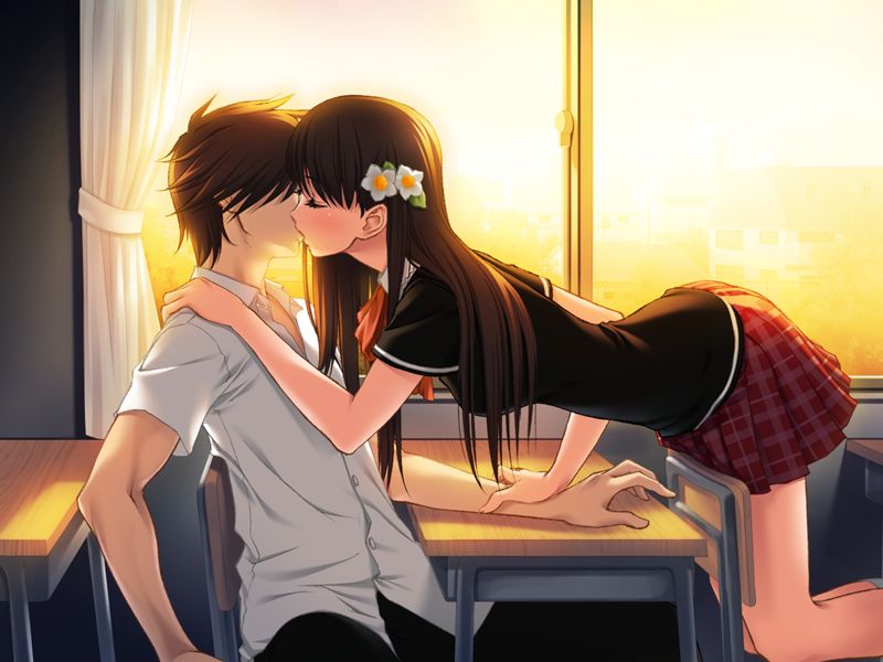 sano toshihide, sakurazaka megumi, g.j?, queen bonjourno, plaid, game cg, 1boy, 1girl, brown hair, classroom, closed eyes, couple, desk, flower, hetero, kiss, long hair, plaid skirt, school, school uniform, serafuku, skirt, sunset, window