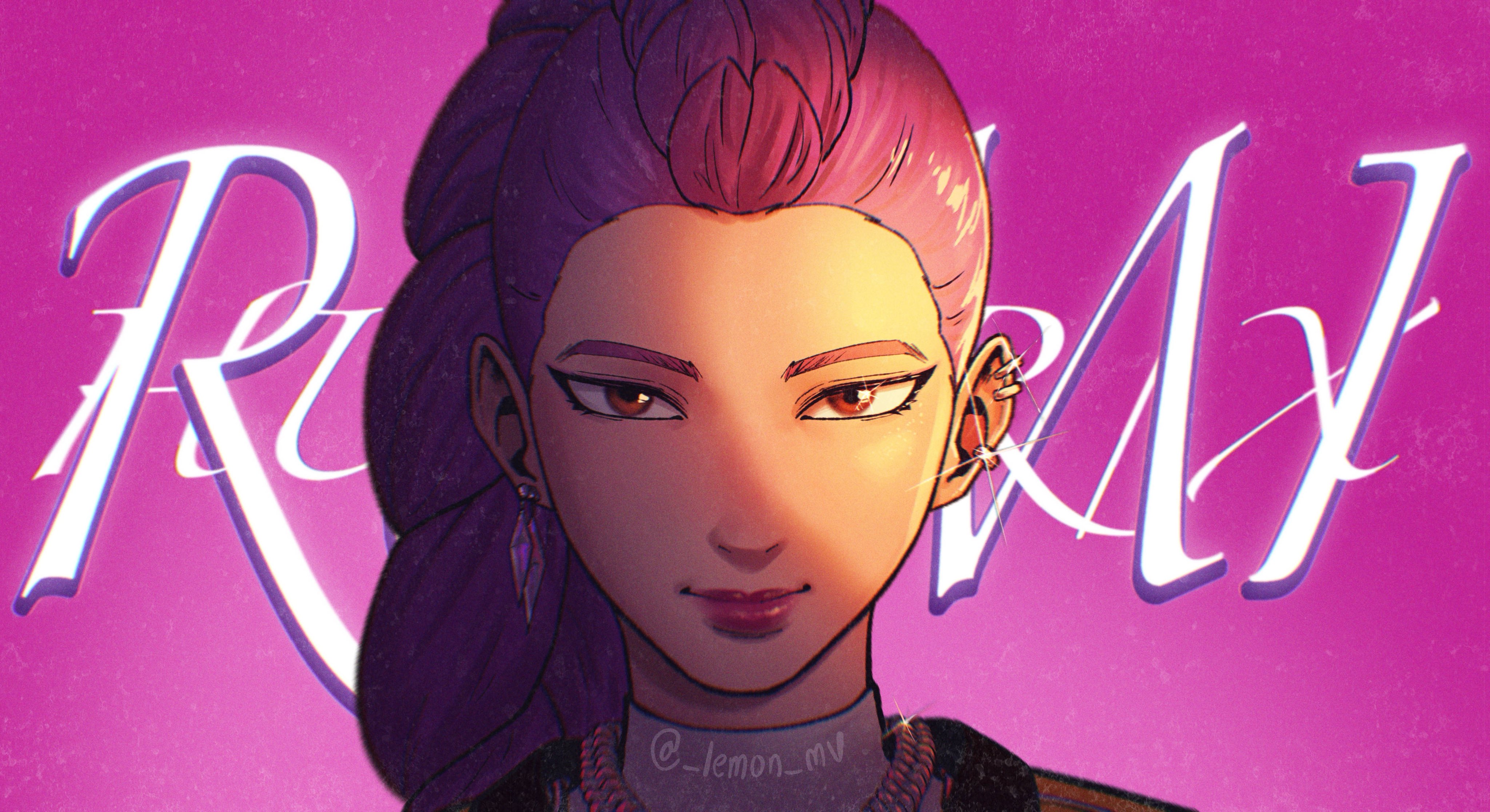 yaisirdrawz, rumi (kpop demon hunters), kpop demon hunters, absurdres, commentary request, highres, 1girl, black eyeliner, brown eyes, closed mouth, dutch braided ponytail, earrings, eyeliner, glint, jewelry, looking at viewer, makeup, portrait, purple background, purple hair, smile, solo, twitter username