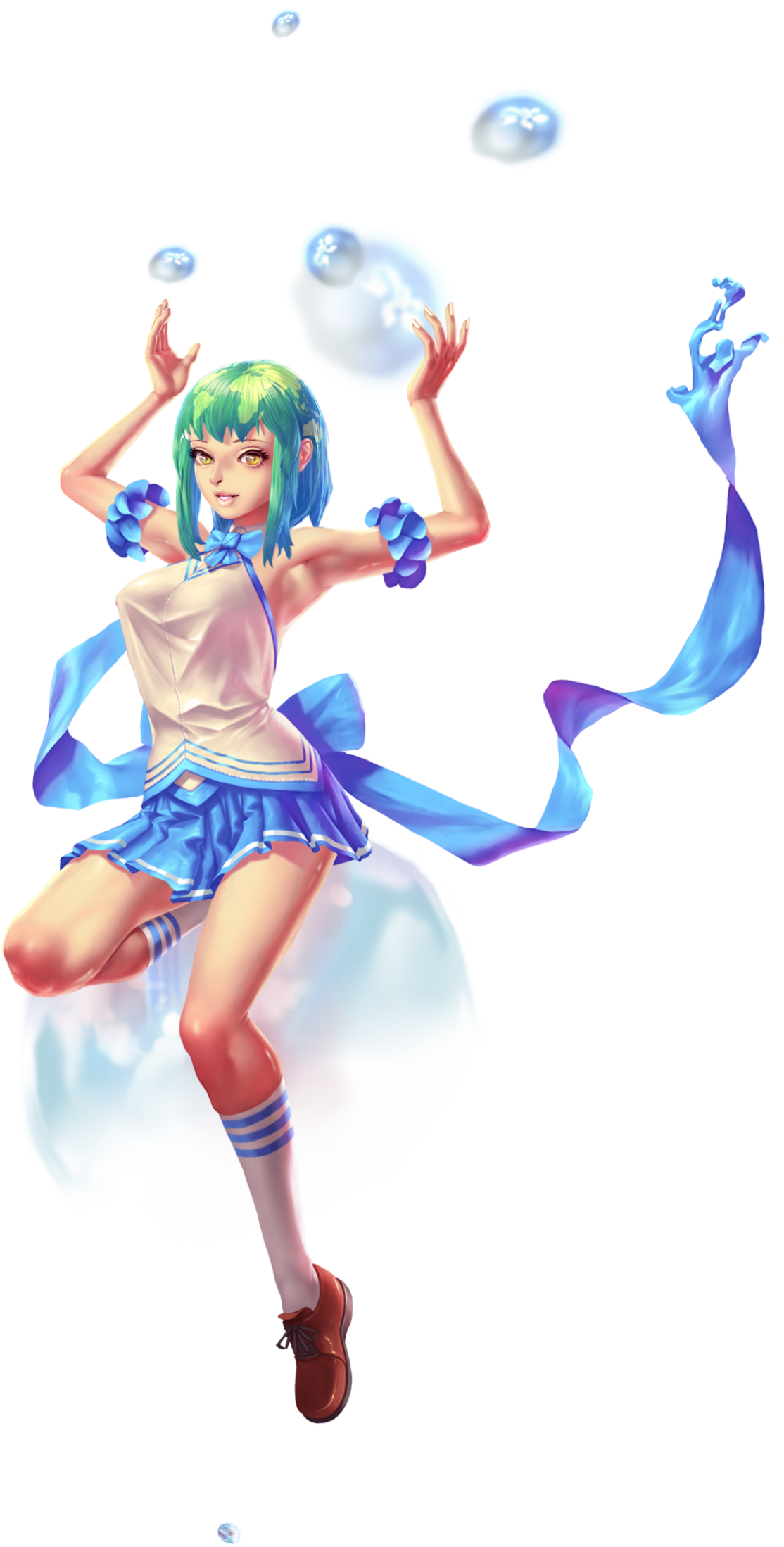 crystal maiden (series), artist request, game cg, highres, official art, variant set, 1girl, arm up, armpits, bare arms, bare shoulders, blue bow, blue hair, bow, breasts, bubble, full body, gaia (crystal maidens), green hair, multicolored hair, shoes, short hair, sitting, skirt, solo, transparent background, yellow eyes