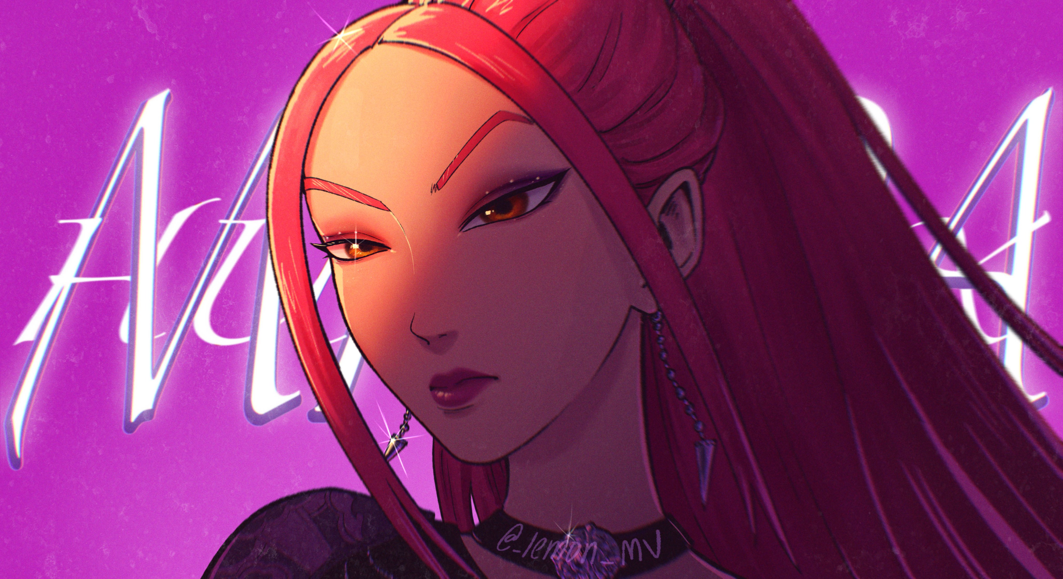 yaisirdrawz, mira (kpop demon hunters), kpop demon hunters, absurdres, highres, 1girl, brown eyes, choker, close-up, closed mouth, earrings, eyeshadow, jewelry, long hair, makeup, pink hair, purple background, sidelocks, solo, v-shaped eyebrows