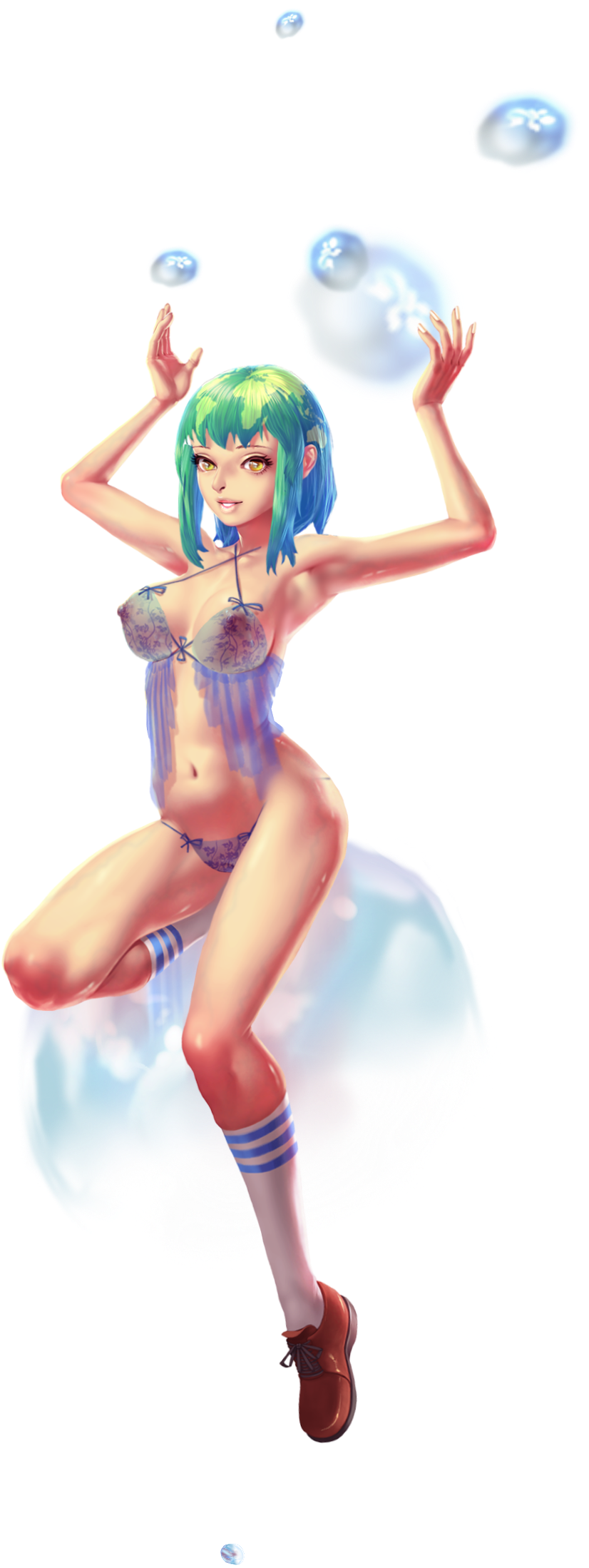 crystal maiden (series), artist request, game cg, highres, official art, variant set, 1girl, arm up, armpits, bare arms, bare hips, bare shoulders, blue hair, bra, breasts, bubble, cleavage, covered erect nipples, full body, gaia (crystal maidens), green hair, groin, multicolored hair, navel, see-through bra, see-through clothes, shoes, short hair, sitting, solo, transparent background, underwear, yellow eyes