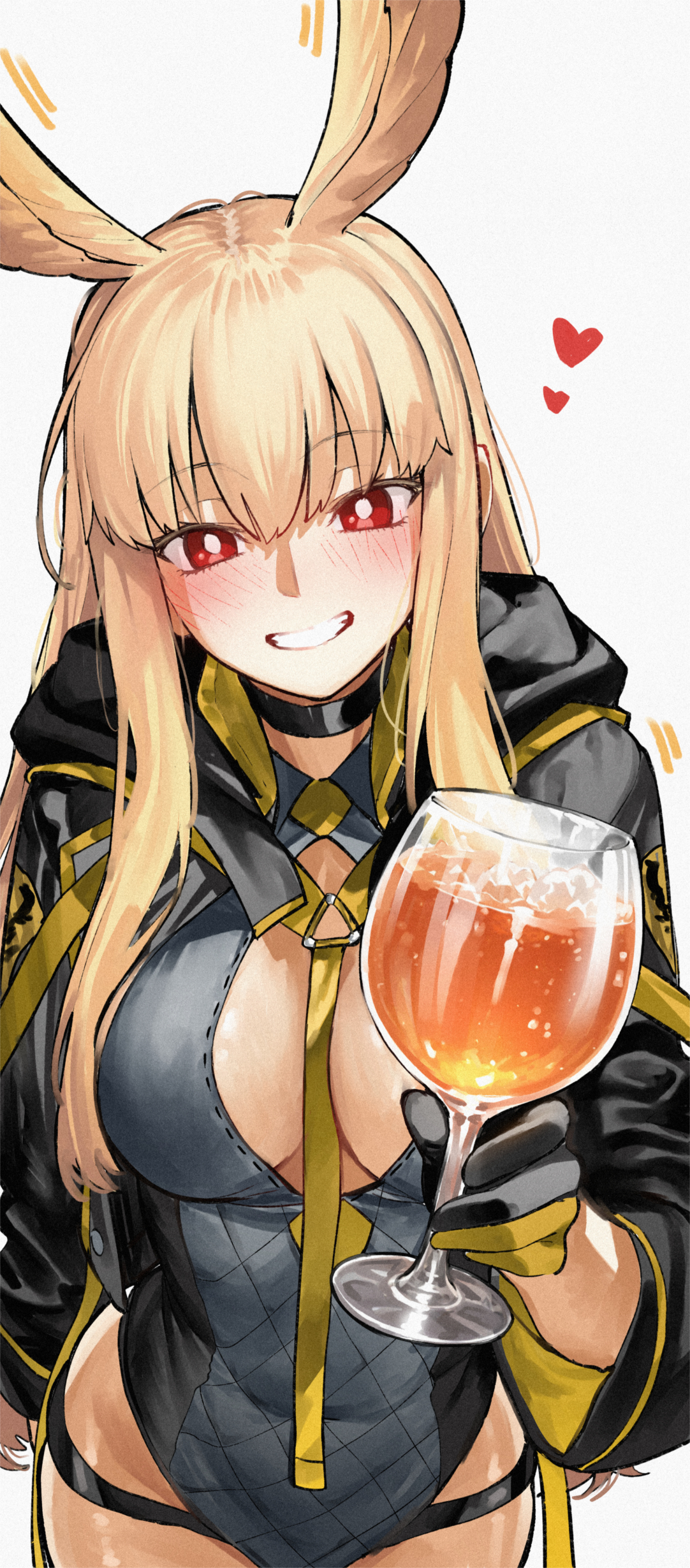 kamisato sora, thrud (fate), thrud (swimsuit assassin) (fate), valkyrie (fate), fate/grand order, fate (series), absurdres, highres, blonde hair, blush, breasts, cup, drinking glass, feathered wings, head wings, heart, long hair, looking at viewer, medium breasts, red eyes, smile, solo, swimsuit, wine glass, wings
