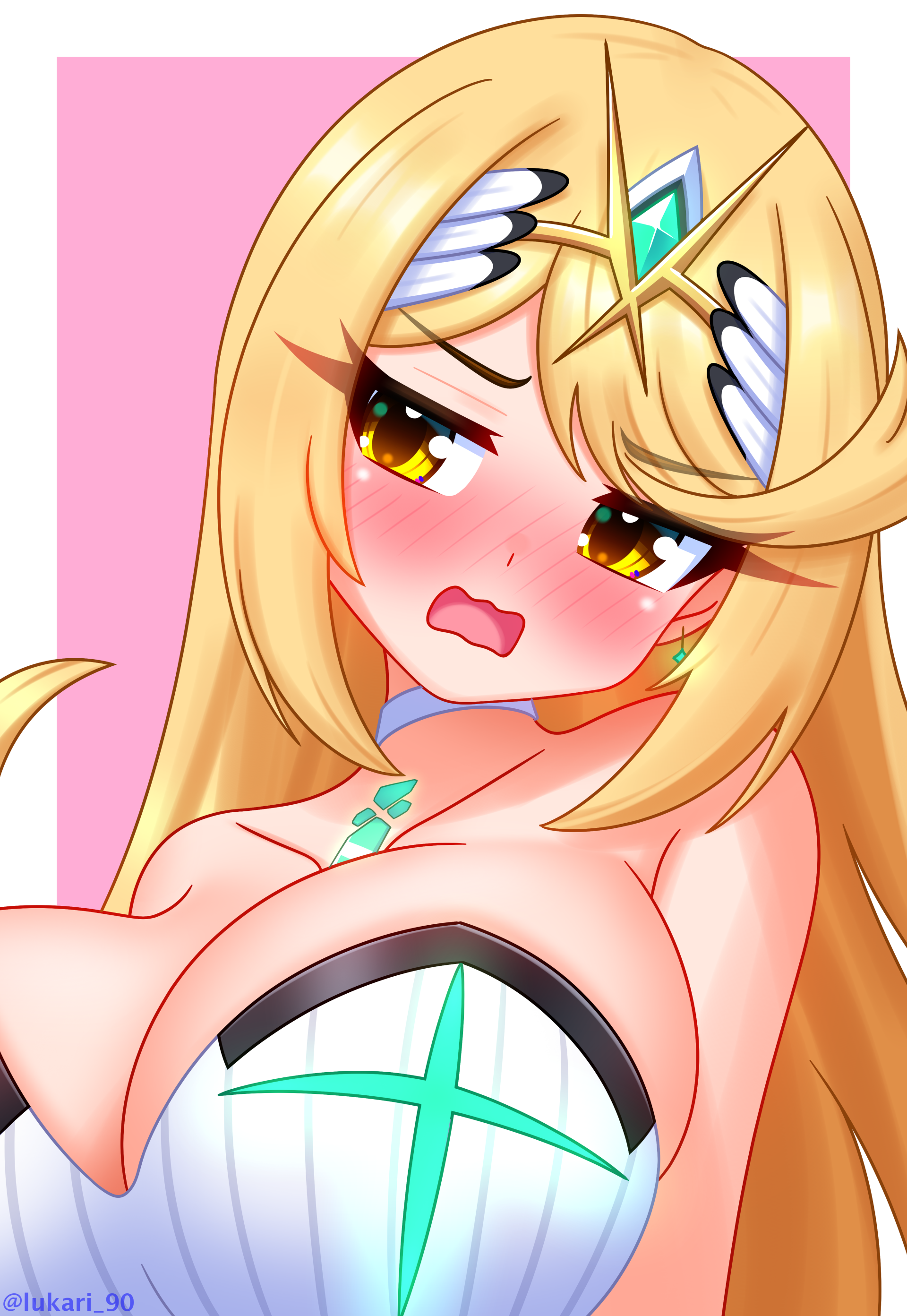lukari, mythra (radiant beach) (xenoblade), mythra (xenoblade), xenoblade chronicles (series), xenoblade chronicles 2, breasts, chest jewel, core crystal (xenoblade), headpiece, large breasts, swimsuit, tiara