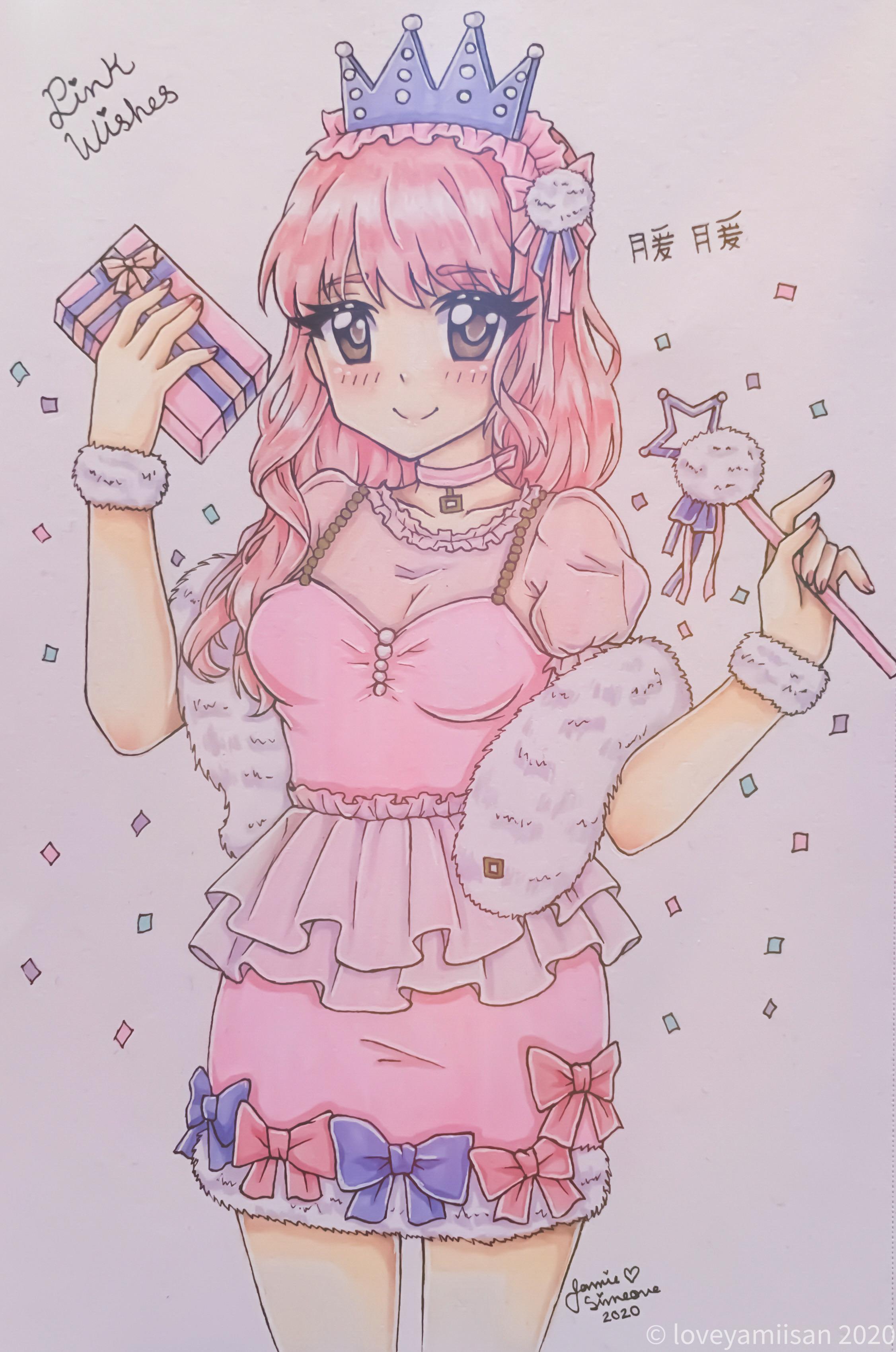 nikki (nikki), miracle nikki, nikki (series), absurdres, commentary, english commentary, highres, traditional media, 1girl, 2020, bilingual text, bow, bow choker, brown eyes, brown pupils, character name, chinese text, choker, closed mouth, collarbone, confetti, cowboy shot, crown, dot nose, dress, eyelashes, frilled hairband, frilled sleeves, frills, fur-trimmed dress, fur shawl, fur trim, gift, hair bow, hair ornament, hair ribbon, hairband, happy, holding, holding gift, holding wand, instagram username, light blush, lips, long hair, looking at viewer, mixed-language text, pinafore dress, pink bow, pink choker, pink dress, pink hair, pink hairband, pink shirt, pink wishes (miracle nikki), pom pom (clothes), pom pom hair ornament, puffy short sleeves, puffy sleeves, purple bow, purple crown, purple ribbon, ribbon, see-through clothes, see-through shirt, shawl, shirt, short dress, short sleeves, signature, single sidelock, skirt basket, sleeveless, sleeveless dress, smile, solo, spaghetti strap, standing, star wand, tareme, thighs, wand, watermark, wavy hair, white shawl, yamisaan
