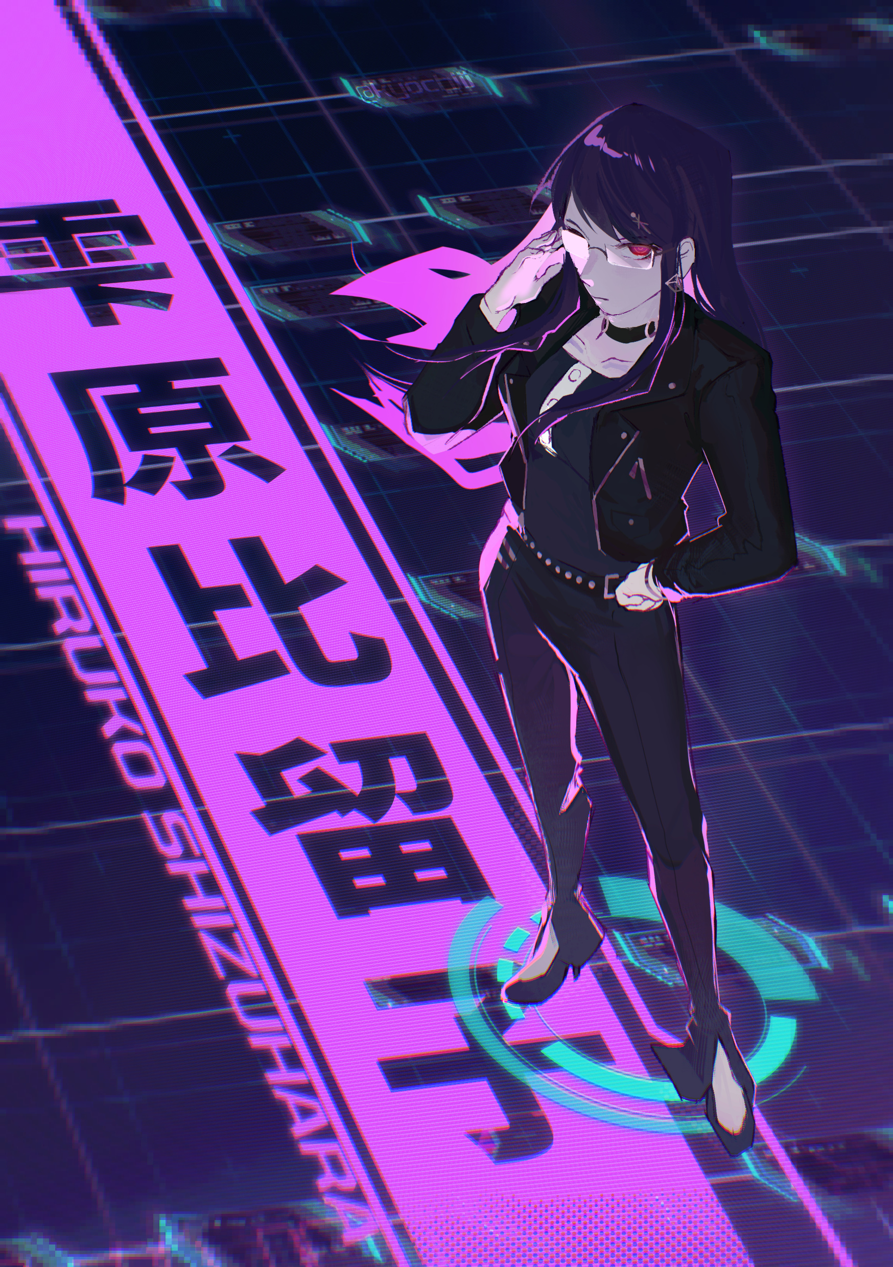 kyochiii, shizuhara hiruko, the hundred line -last defense academy-, absurdres, commentary, english commentary, highres, 1girl, adjusting eyewear, belt, bilingual text, black belt, black choker, black jacket, black pants, black shirt, character name, choker, earrings, flowchart, glasses, hair ornament, hand on own hip, hand up, jacket, jewelry, long hair, mixed-language text, pants, purple hair, red eyes, shirt, standing