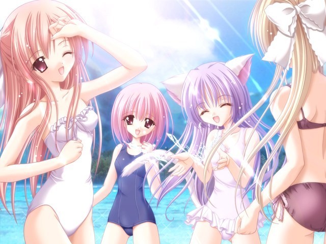 tinker bell (pixiv 10956015), karen (cafe little wish), lily (cafe little wish), merun, mina (cafe little wish), cafe little wish, game cg, 4girls, animal ears, bikini, blonde hair, bow, bowtie, cat ears, cat tail, flat chest, from behind, long hair, multiple girls, one-piece swimsuit, one eye closed, pink hair, purple hair, school swimsuit, short hair, splashing, swimsuit, tail, water, wink